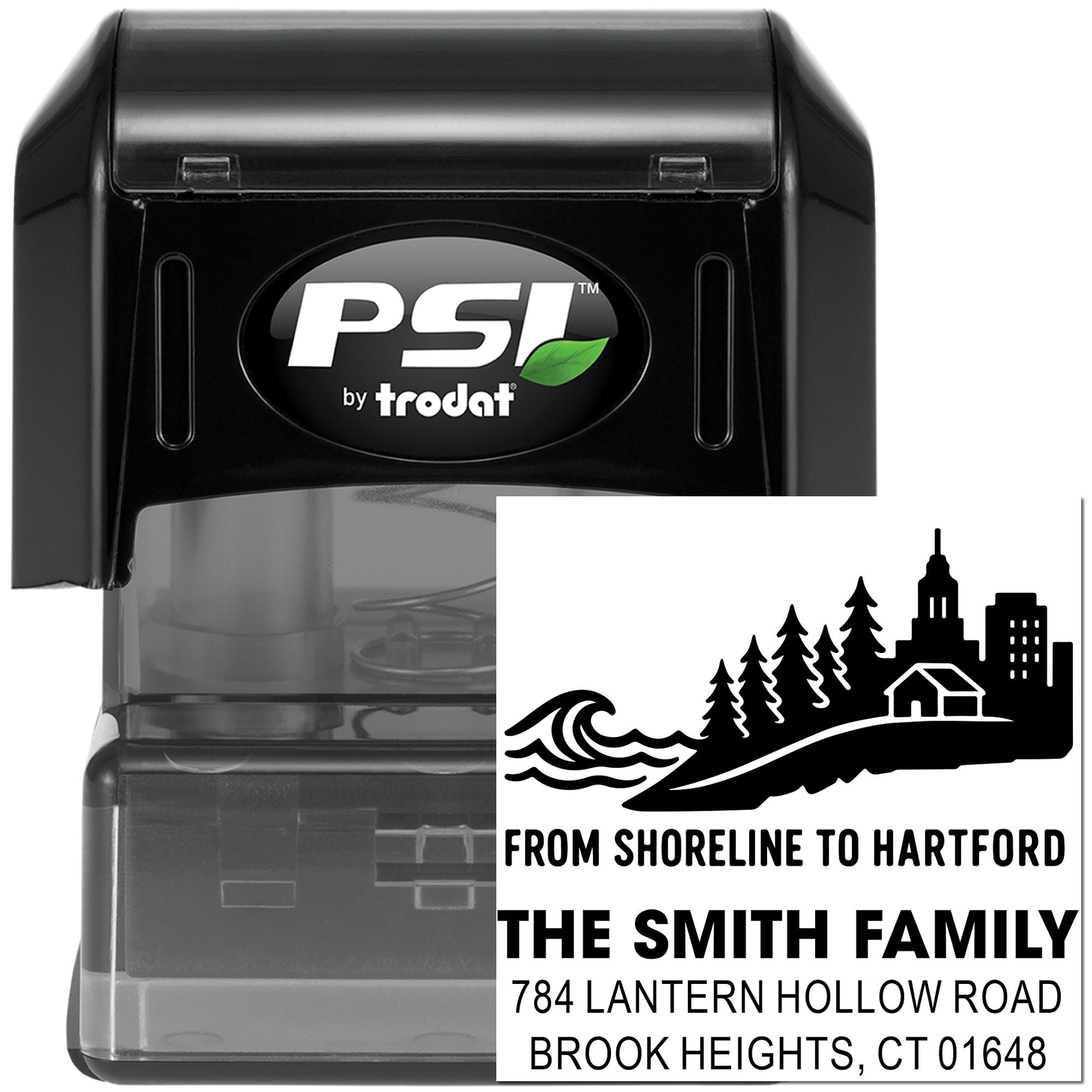 PSI by Trodat self-inking custom rubber stamp with personalized family address design for Connecticut mail and stationery