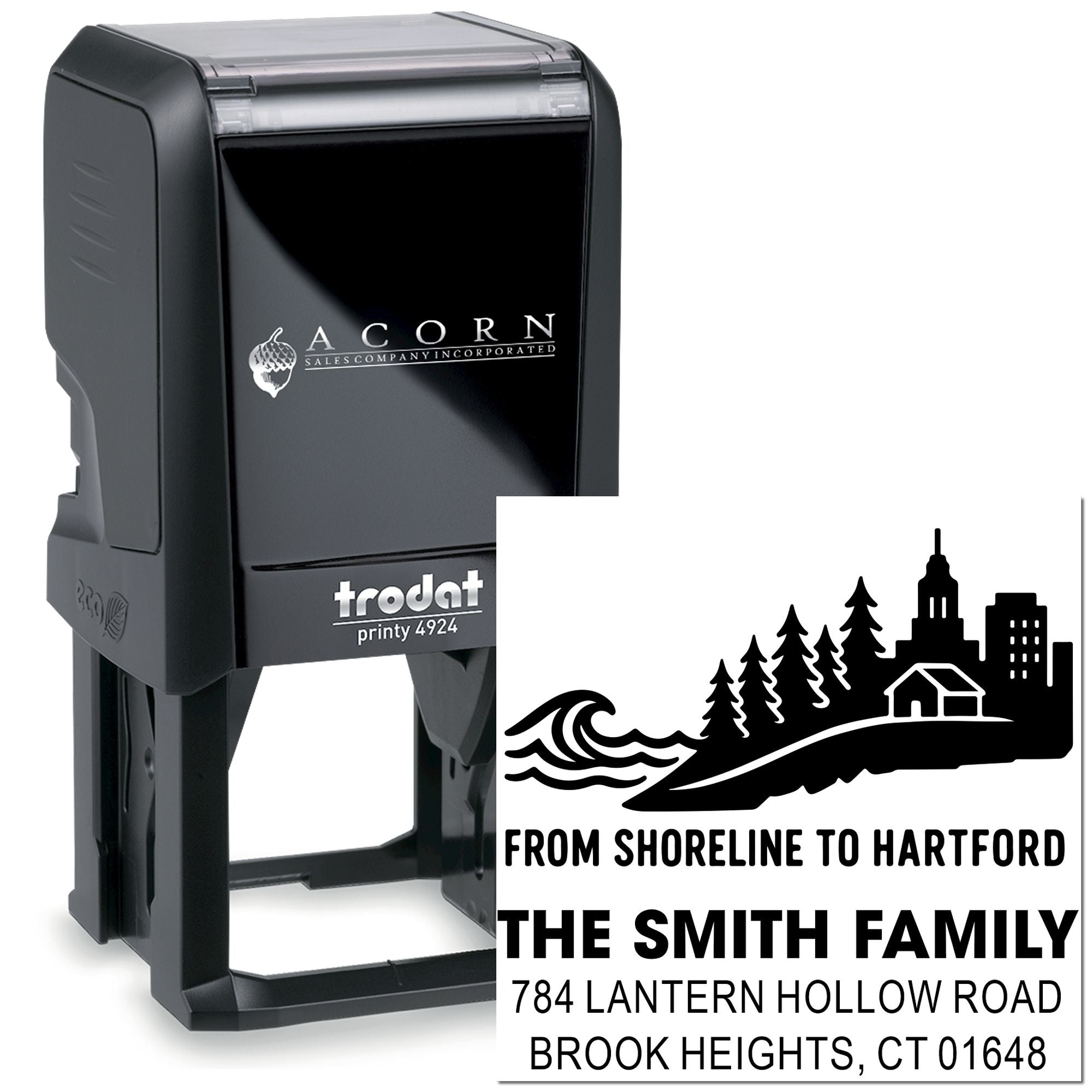 Custom self-inking rubber stamp with family name, address, and decorative shoreline design for personalized mailing and return address use.