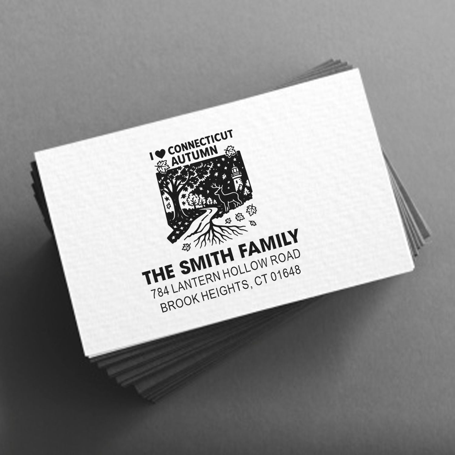 Custom Connecticut autumn return address rubber stamp for The Smith Family with nature design and home address.