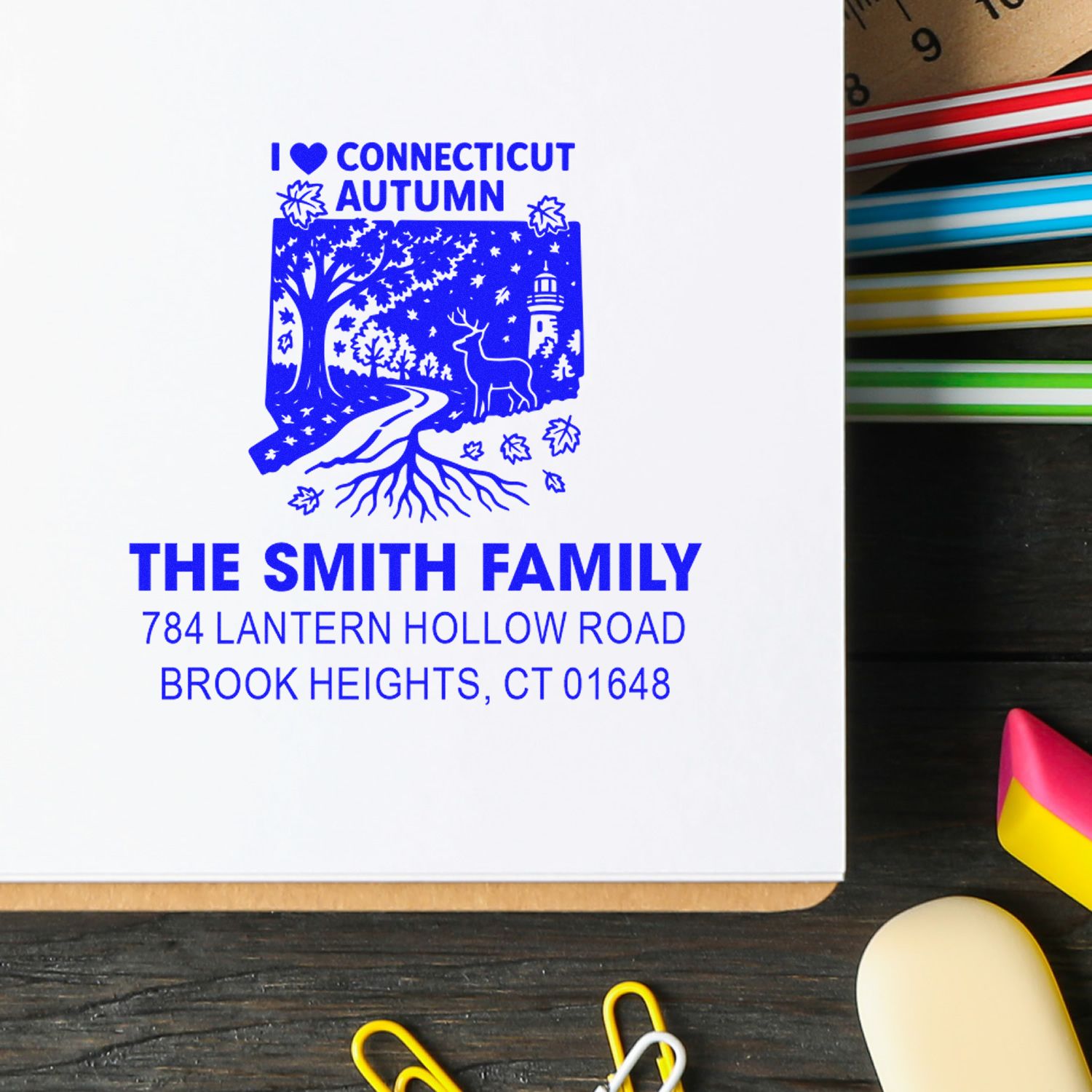 Custom Connecticut autumn address rubber stamp for The Smith Family with return address in Brook Heights, CT.