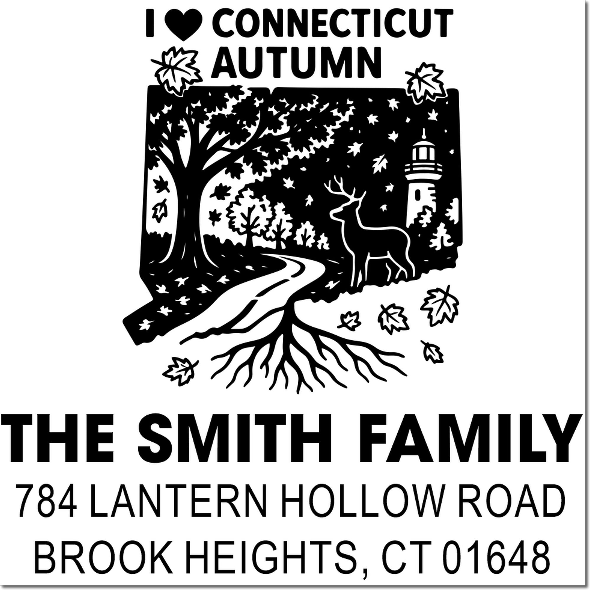 Custom Connecticut autumn return address rubber stamp with state outline, lighthouse, deer, leaves, family name, and address.