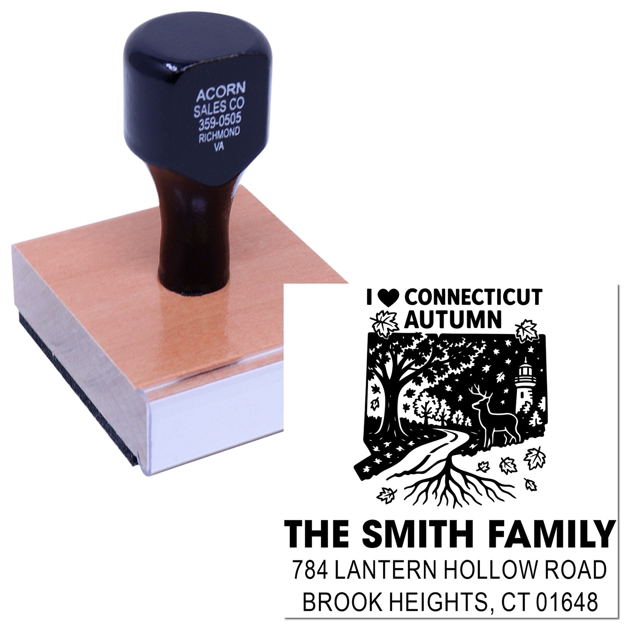 Custom rubber address stamp featuring Connecticut autumn design for The Smith Family, ideal for personalized mailing.