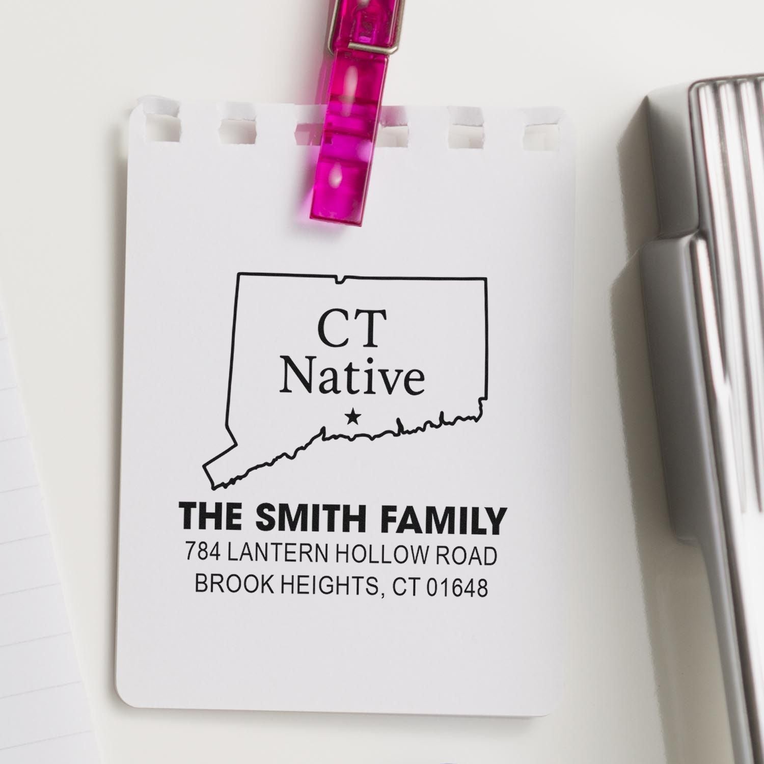 Custom Connecticut return address rubber stamp with state outline, CT Native text, and Smith family mailing address.
