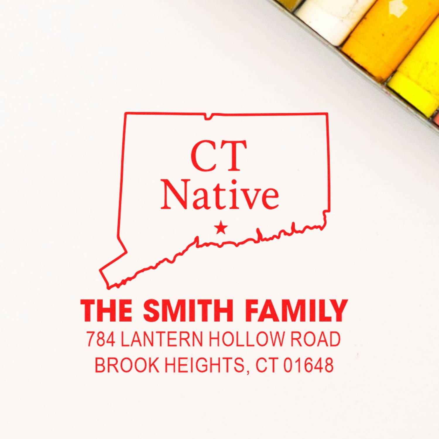 Custom Connecticut return address rubber stamp for The Smith Family, Brook Heights, CT 01648