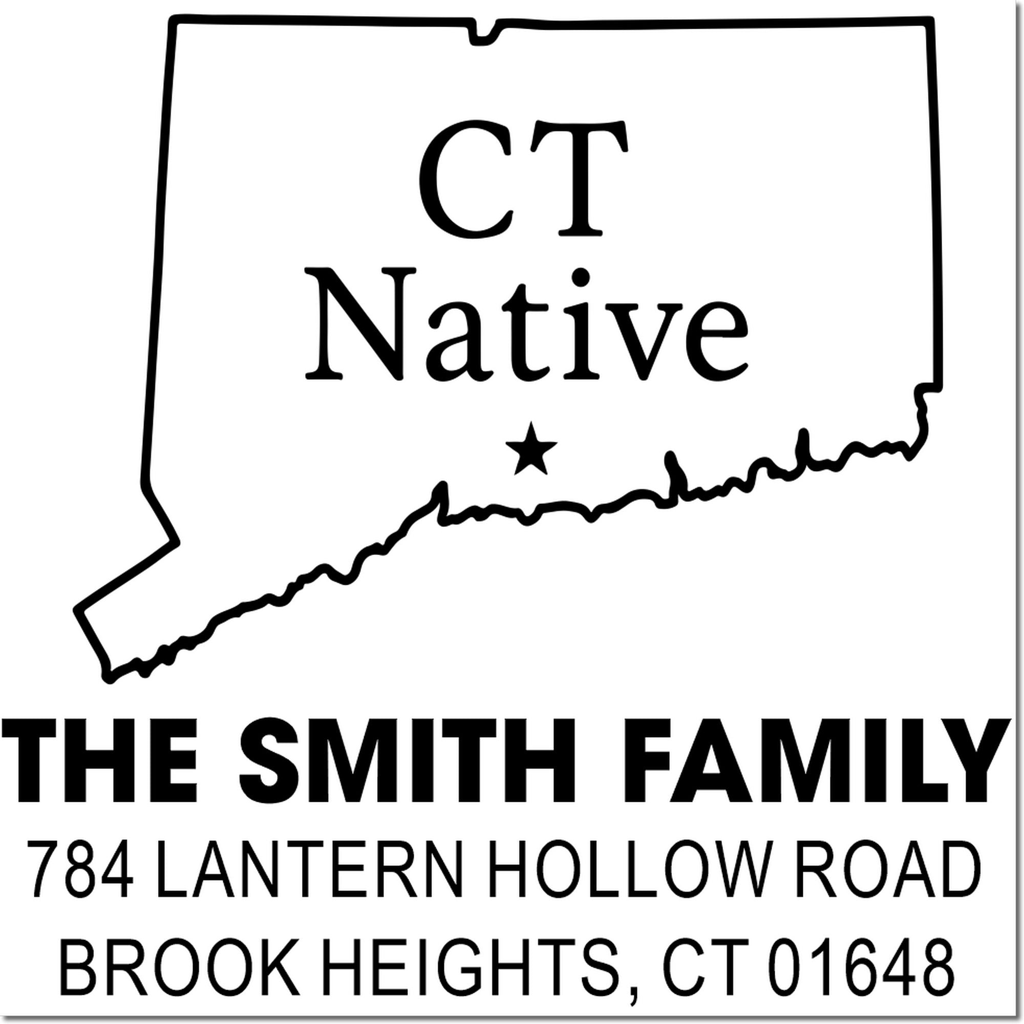 Custom Connecticut return address rubber stamp for The Smith Family, 784 Lantern Hollow Road, Brook Heights, CT 01648.