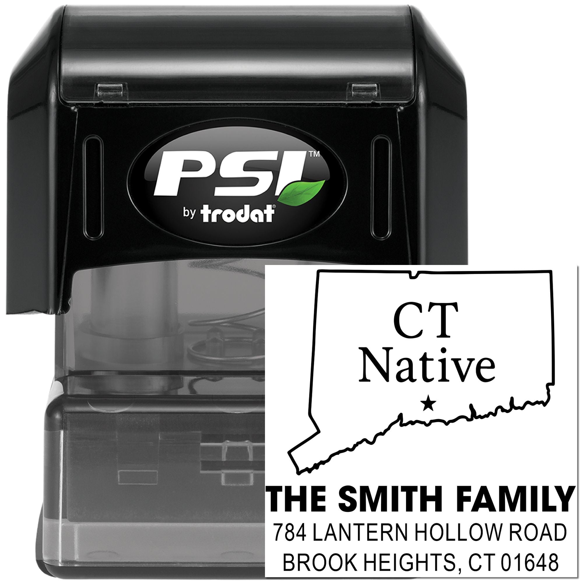 Custom self-inking address stamp by PSI Trodat with Connecticut return address for The Smith Family.