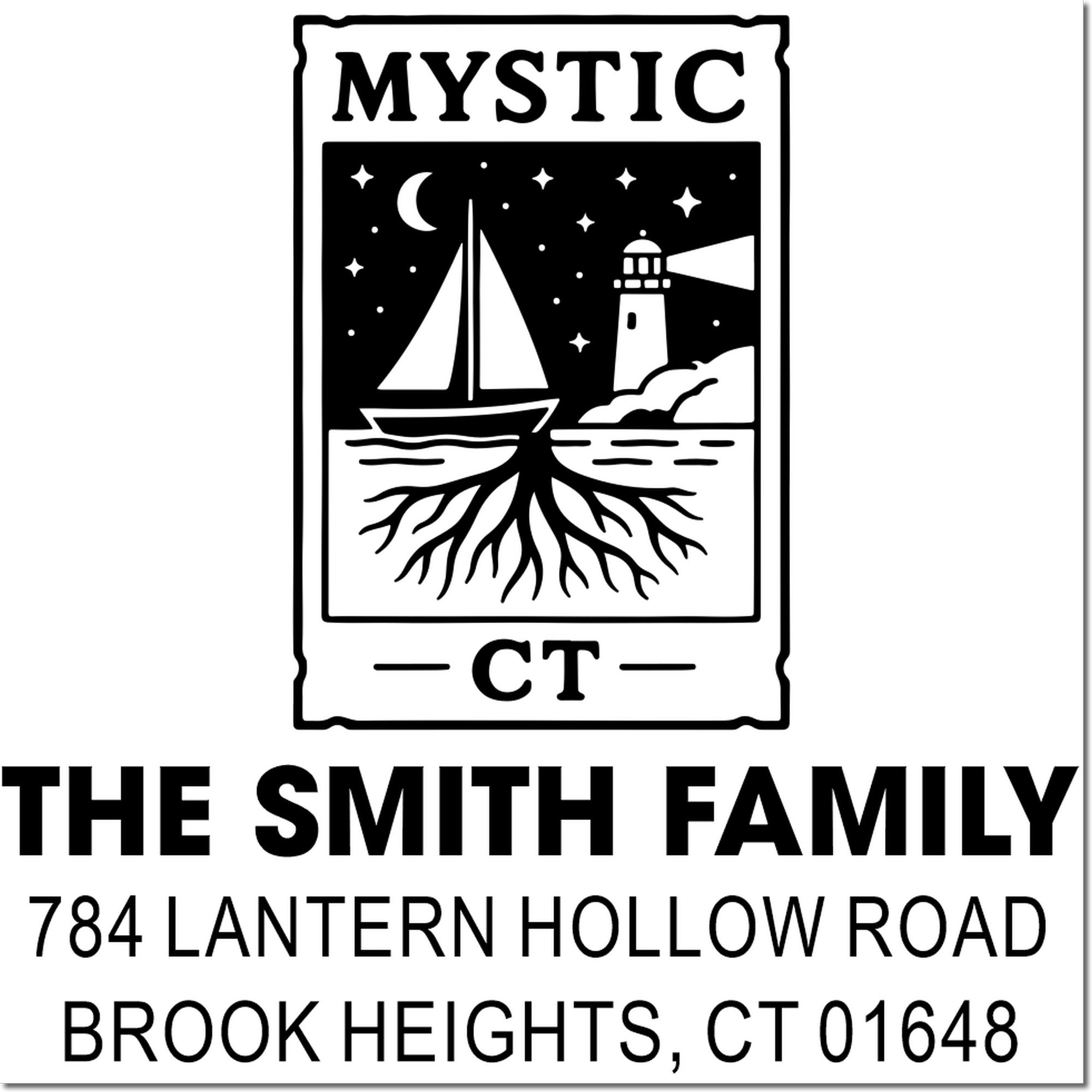 Custom Mystic CT return address rubber stamp with lighthouse, sailboat, and nautical design for mailing labels