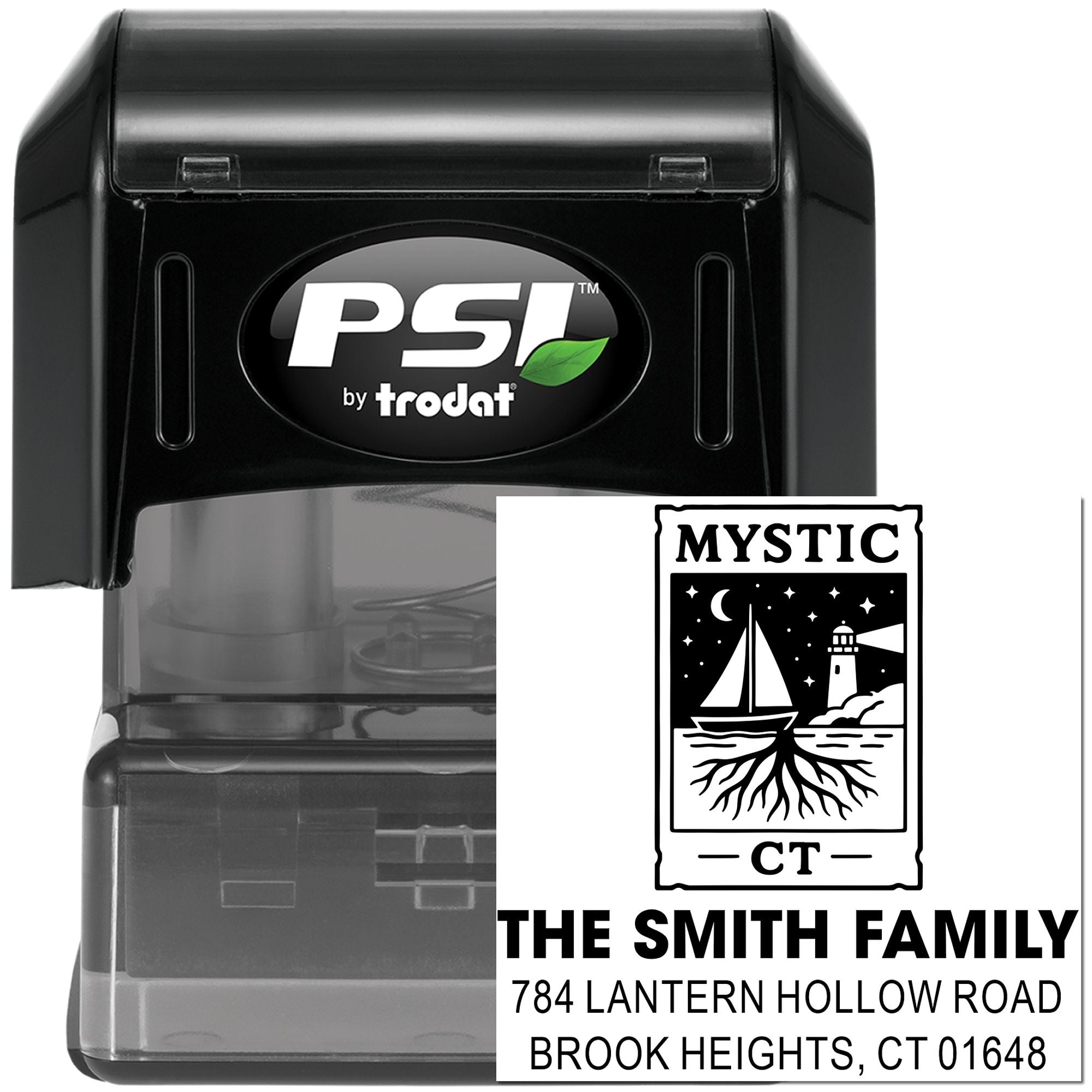 PSI by Trodat self-inking custom address rubber stamp with family name, lighthouse logo, and return address imprint.