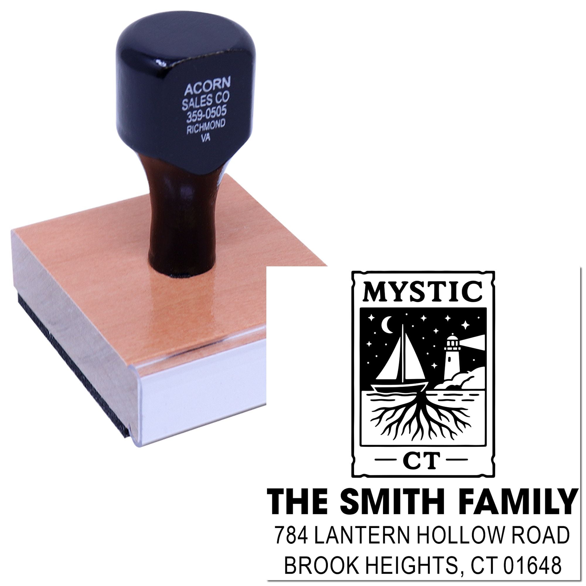 Custom rubber address stamp with Mystic CT logo and Smith family return address imprint