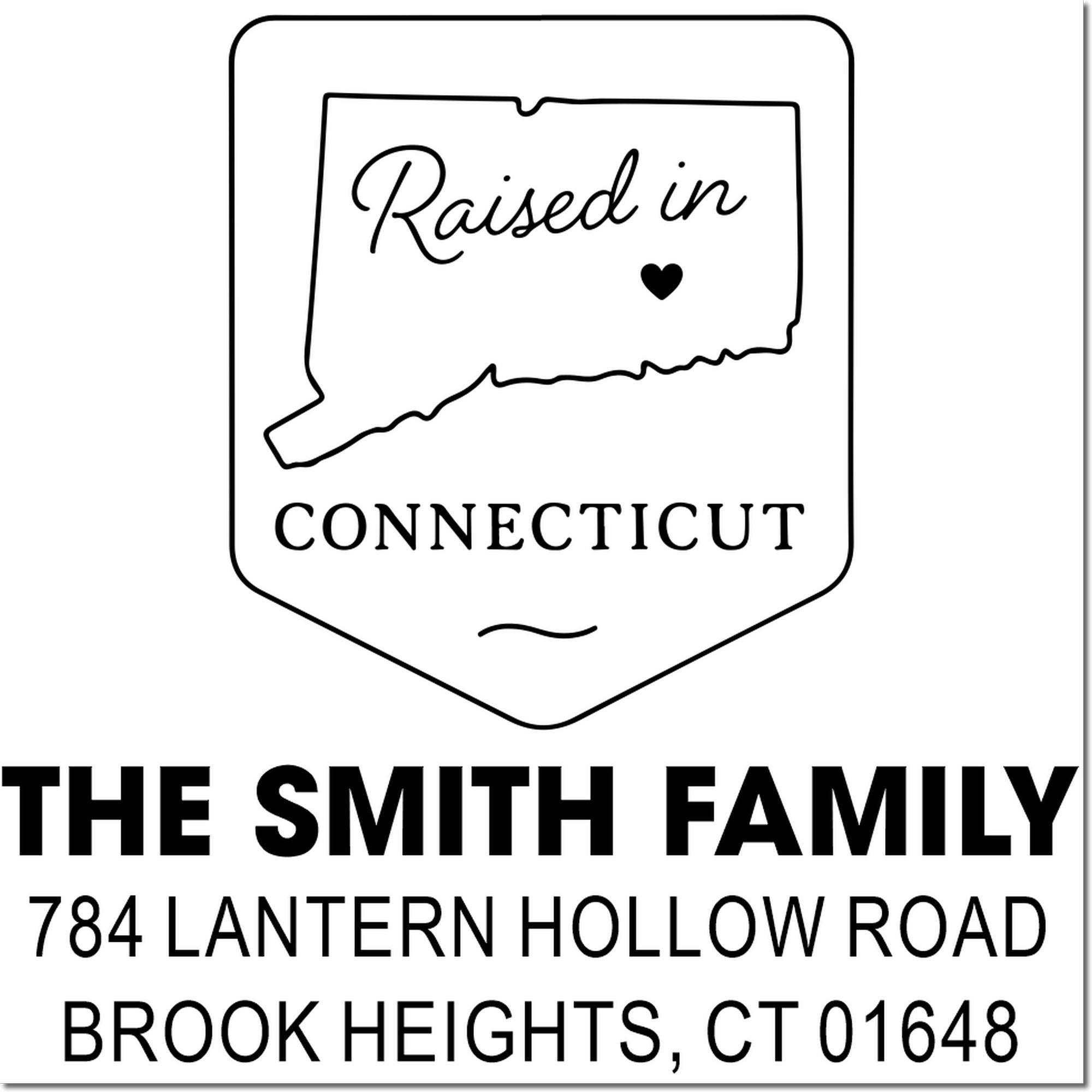 Custom Connecticut return address rubber stamp for The Smith Family, with raised in CT design and personalized home address.