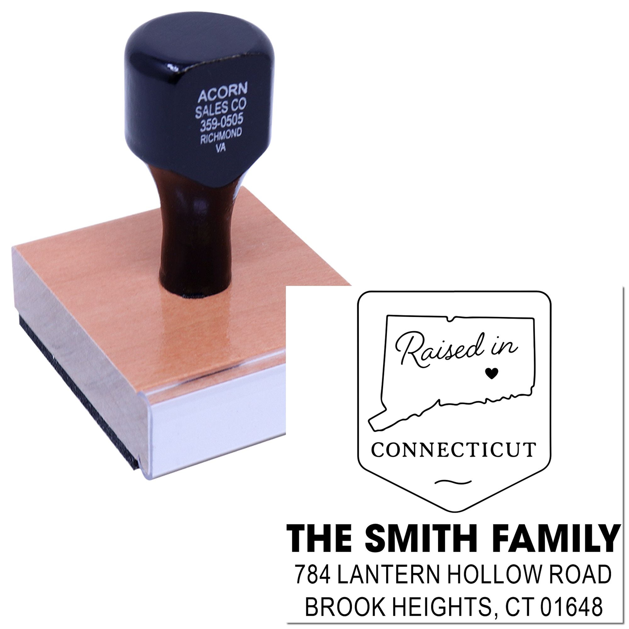 Custom rubber address stamp with Connecticut state design and family address imprint for personalized mailing.