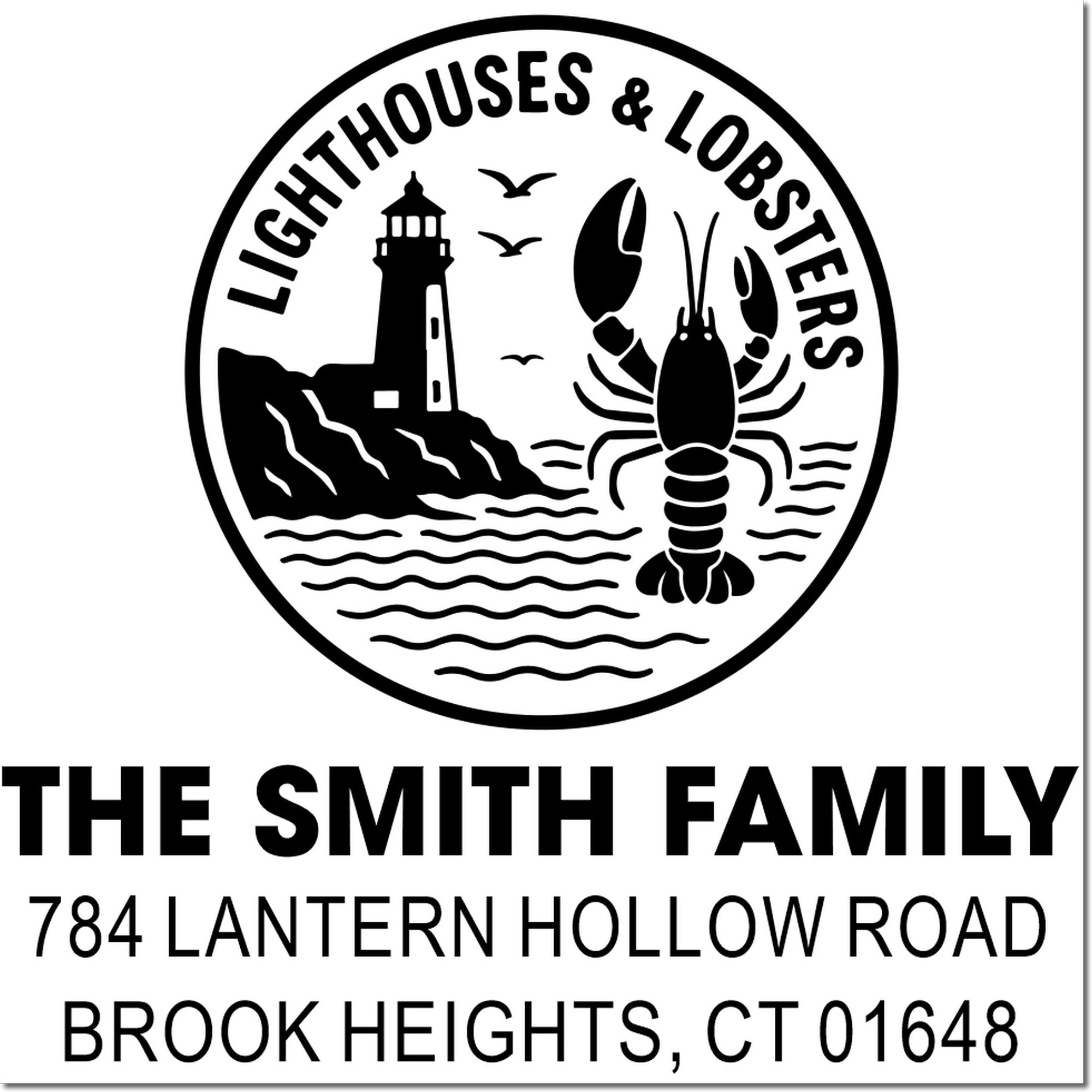 Personalized lighthouse and lobster rubber stamp with The Smith Family address, Brook Heights, CT.