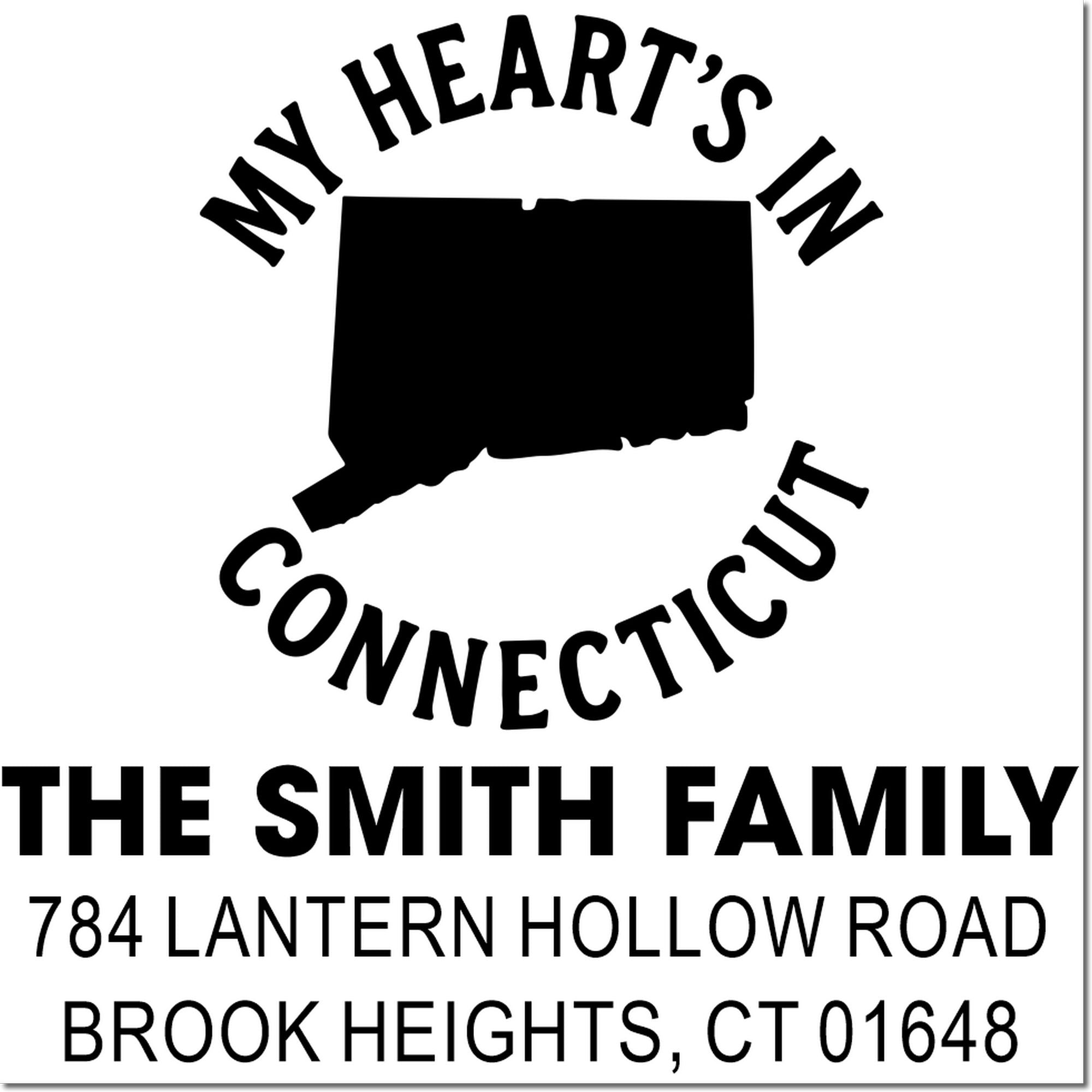 Custom Connecticut return address rubber stamp for The Smith Family, Brook Heights, CT 01648 with heart-shaped state design.