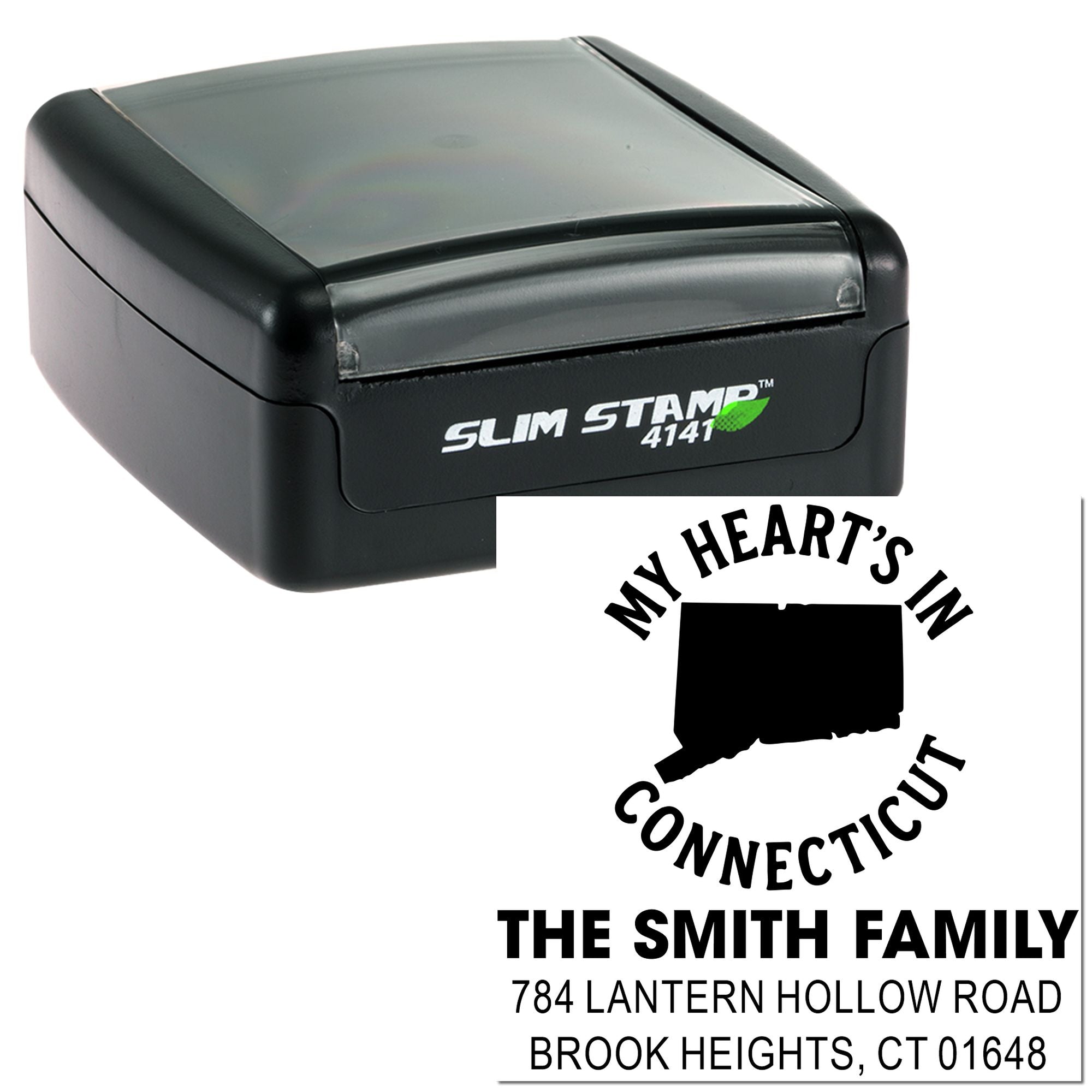 Slim Stamp 4141 self-inking rubber stamp for custom Connecticut family address and return mail.