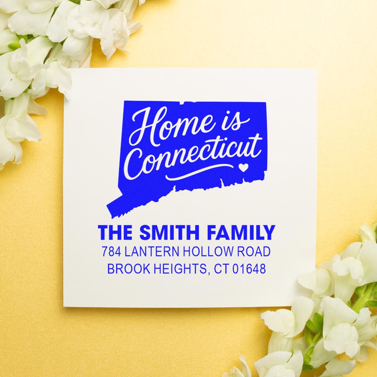 Personalized Connecticut return address rubber stamp with Home is Connecticut design, family name, and address for custom mailing.