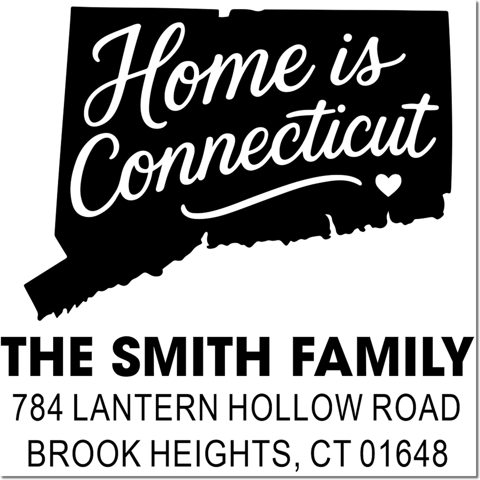 Custom Connecticut address rubber stamp with Home is Connecticut and Smith family mailing address.