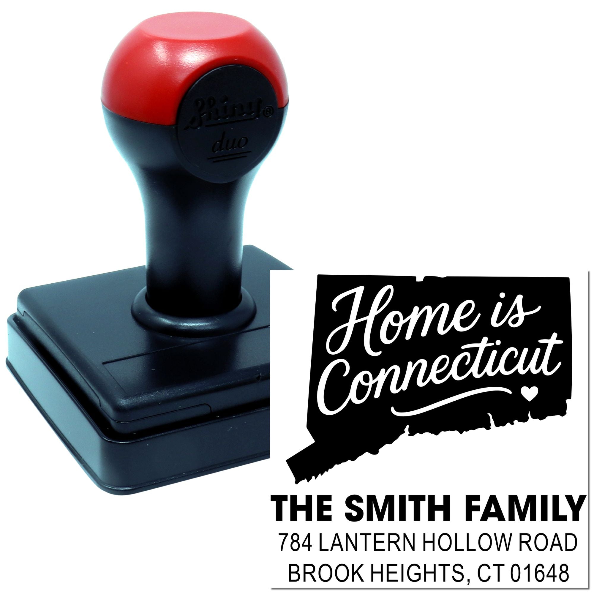 Custom self-inking rubber stamp with Home is Connecticut design and personalized Smith family address for mailing.