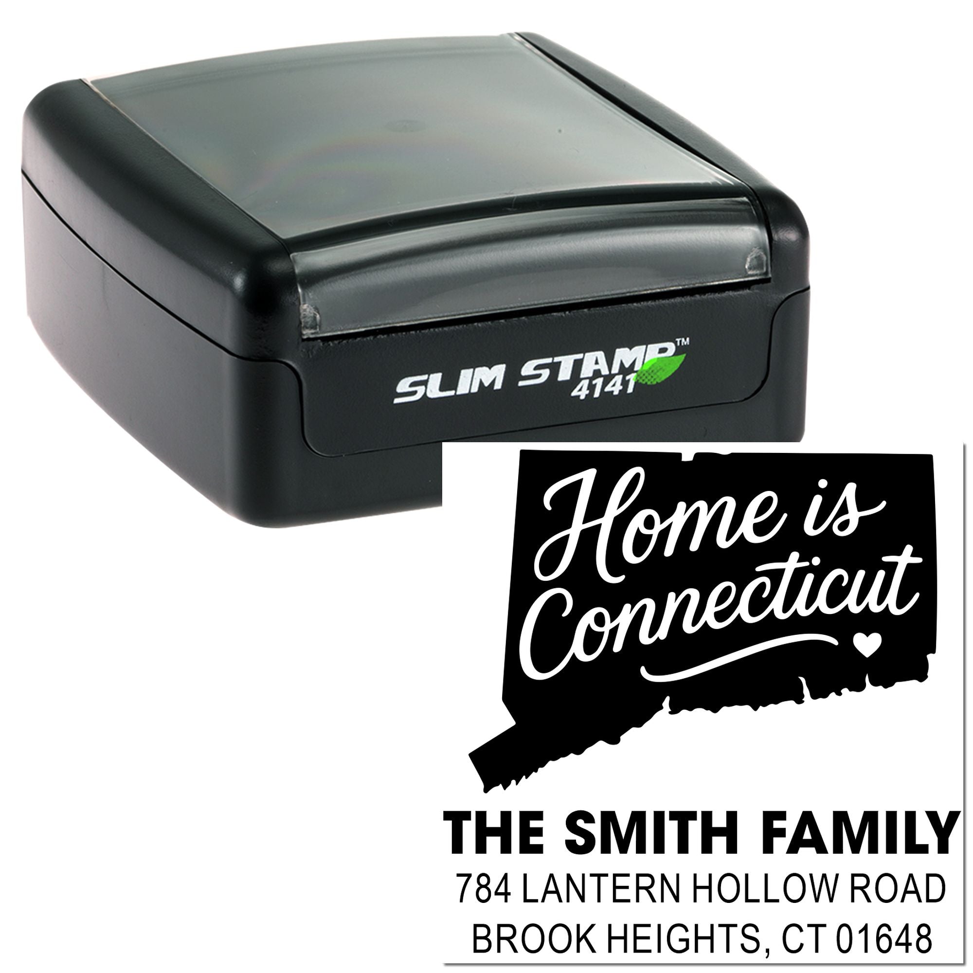 Custom self-inking return address rubber stamp with Home is Connecticut design for The Smith Family.