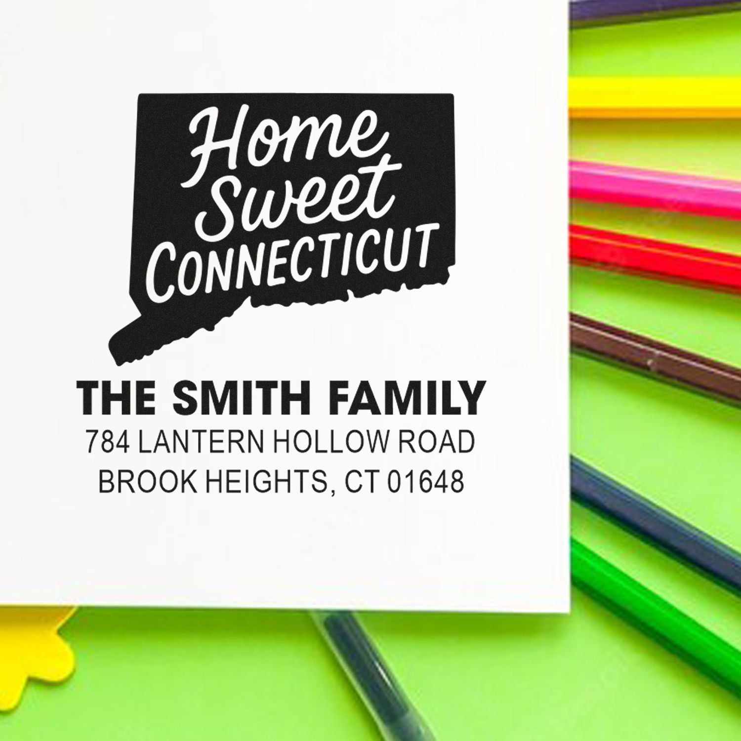 Home Sweet Connecticut custom return address rubber stamp with Smith family name and Brook Heights, CT address