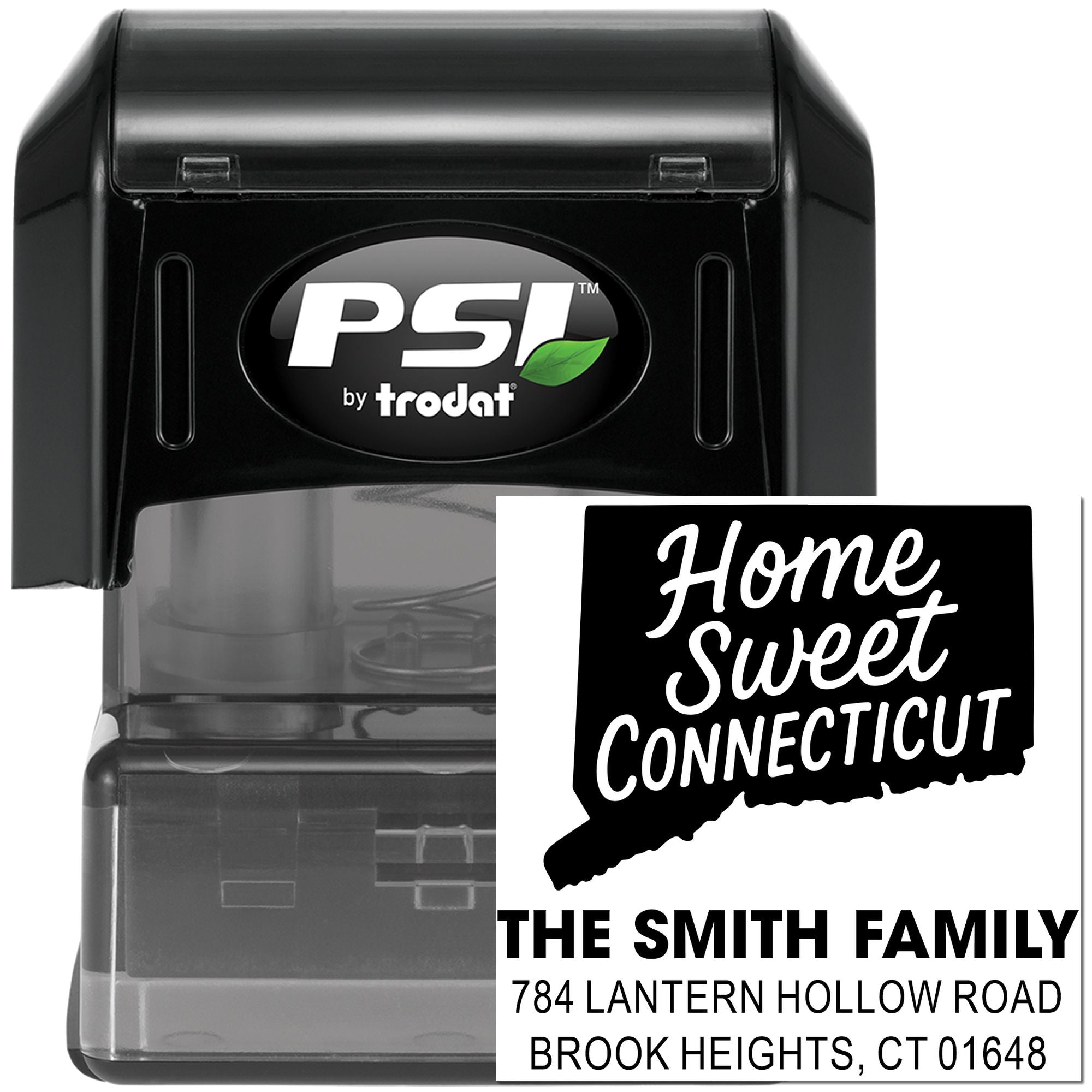 PSI by Trodat self-inking custom address stamp with Home Sweet Connecticut design for The Smith Family in Brook Heights, CT.
