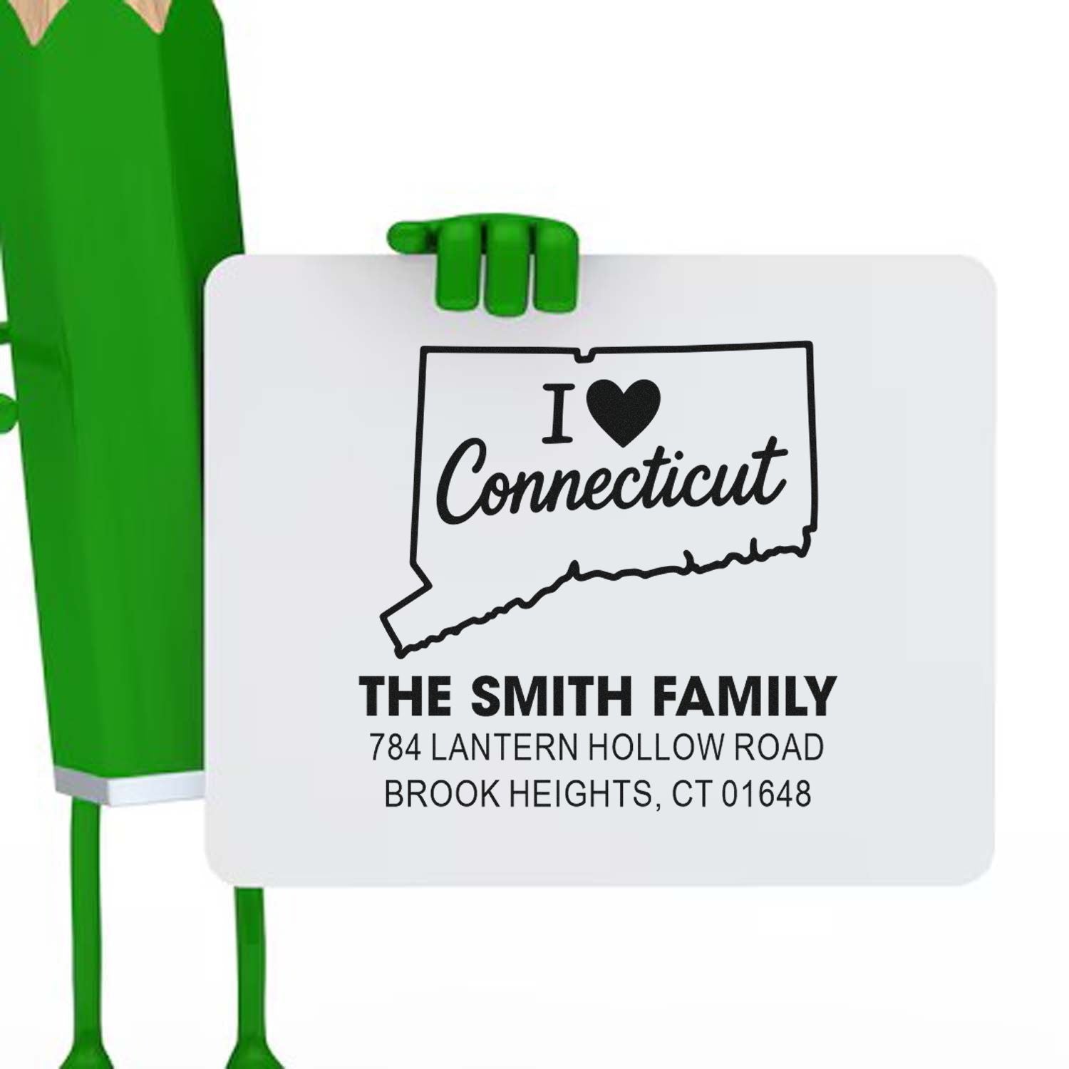Personalized Connecticut return address rubber stamp with family name, address, and I love Connecticut design.
