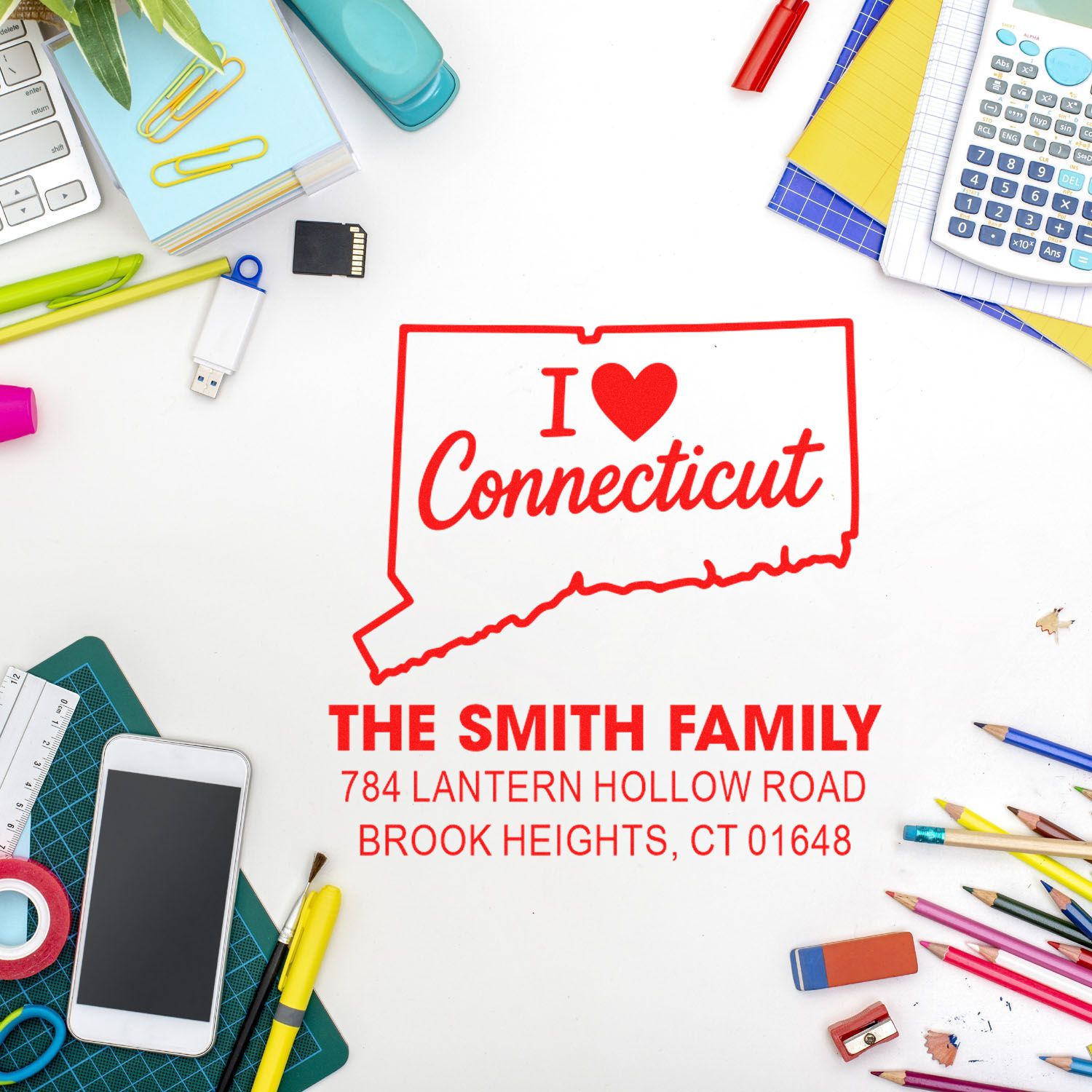 Personalized Connecticut return address rubber stamp for The Smith Family, Brook Heights, CT 01648