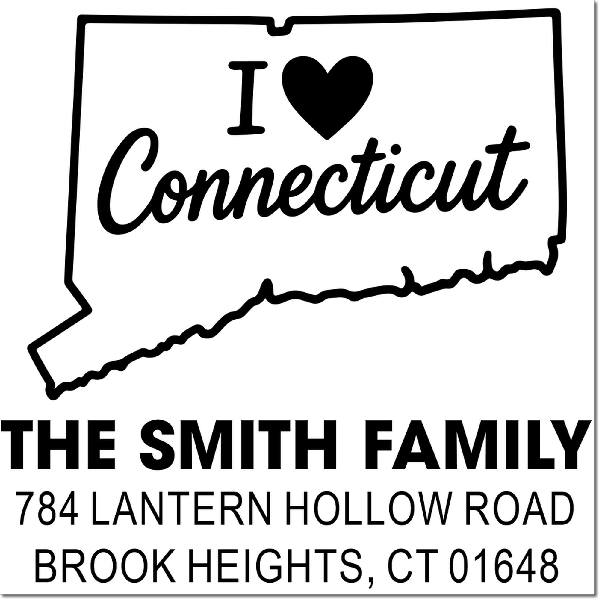 Personalized Connecticut state outline return address rubber stamp with family name, address, and I ? Connecticut design