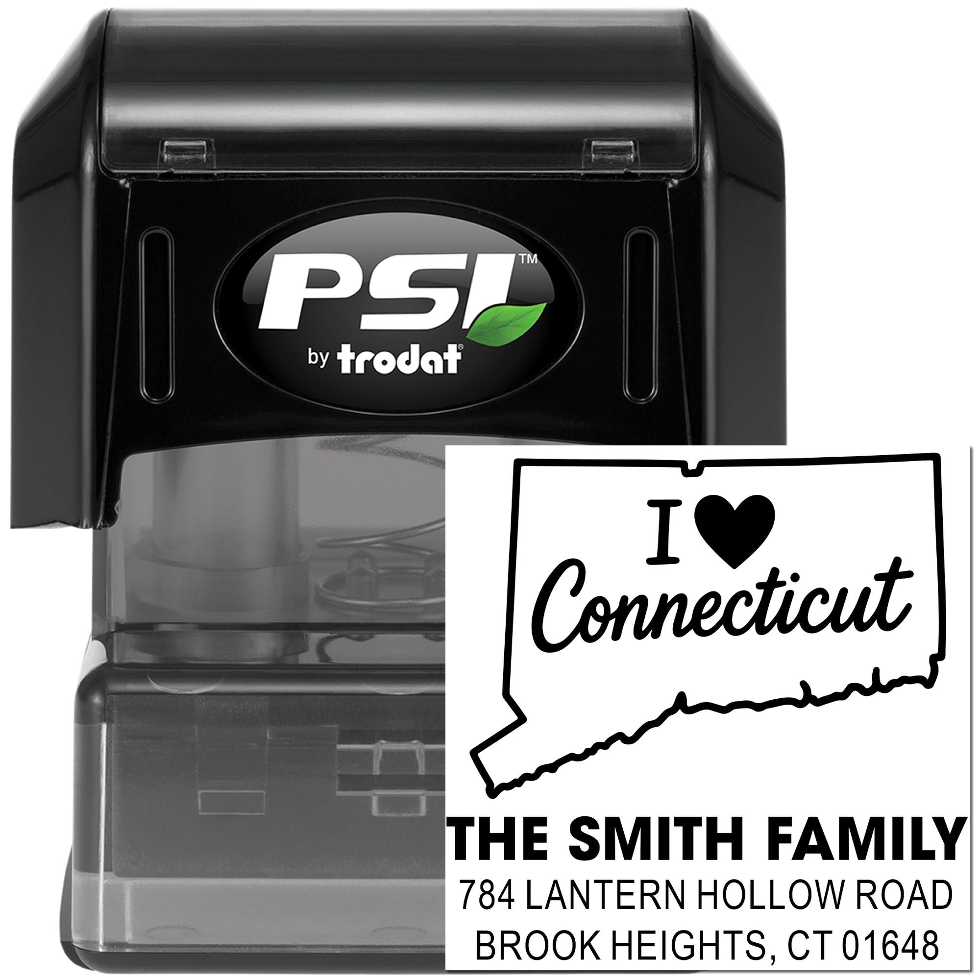 Custom Connecticut return address rubber stamp with I ? Connecticut design for The Smith Family, PSI by Trodat