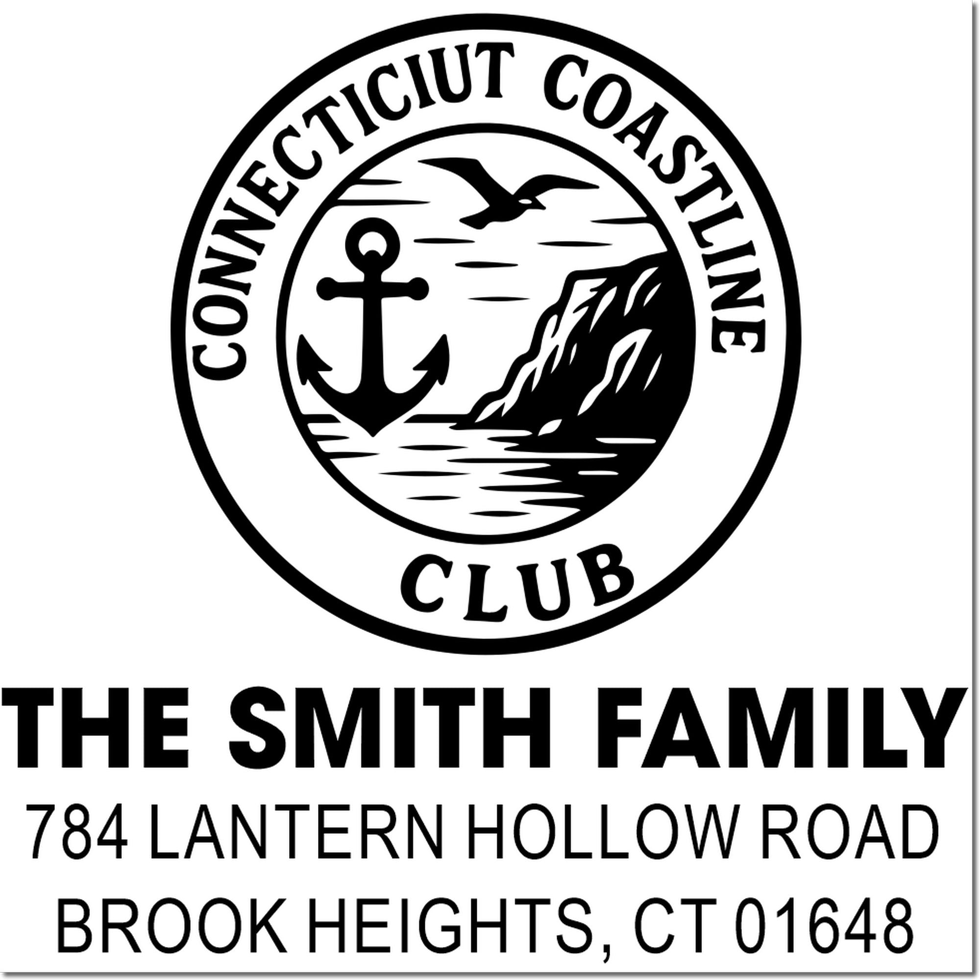 Custom Connecticut Coastline Club return address rubber stamp with Smith family name and Brook Heights, CT address.