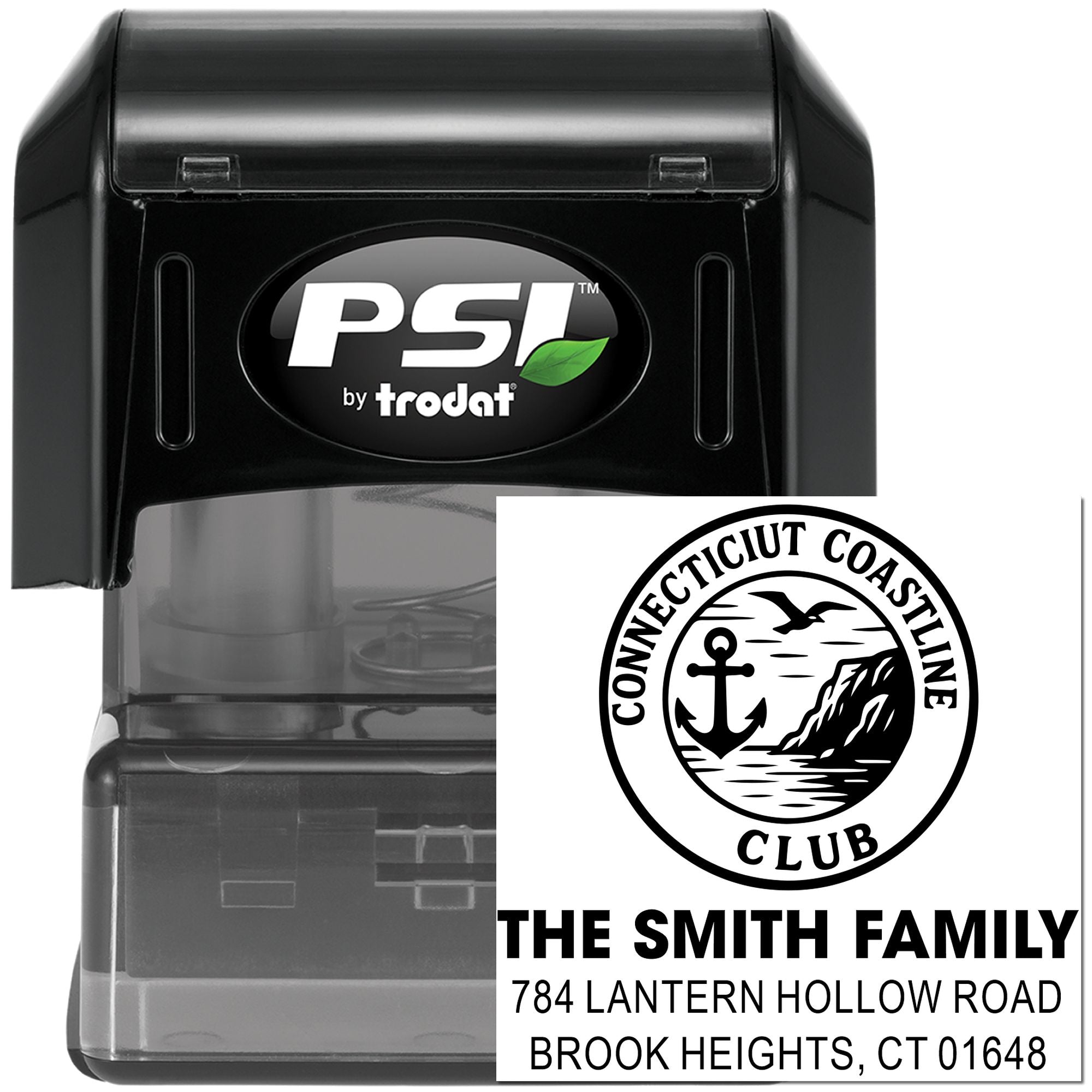 PSI by Trodat personalized rubber address stamp with Connecticut Coastline Club logo and Smith family return address.