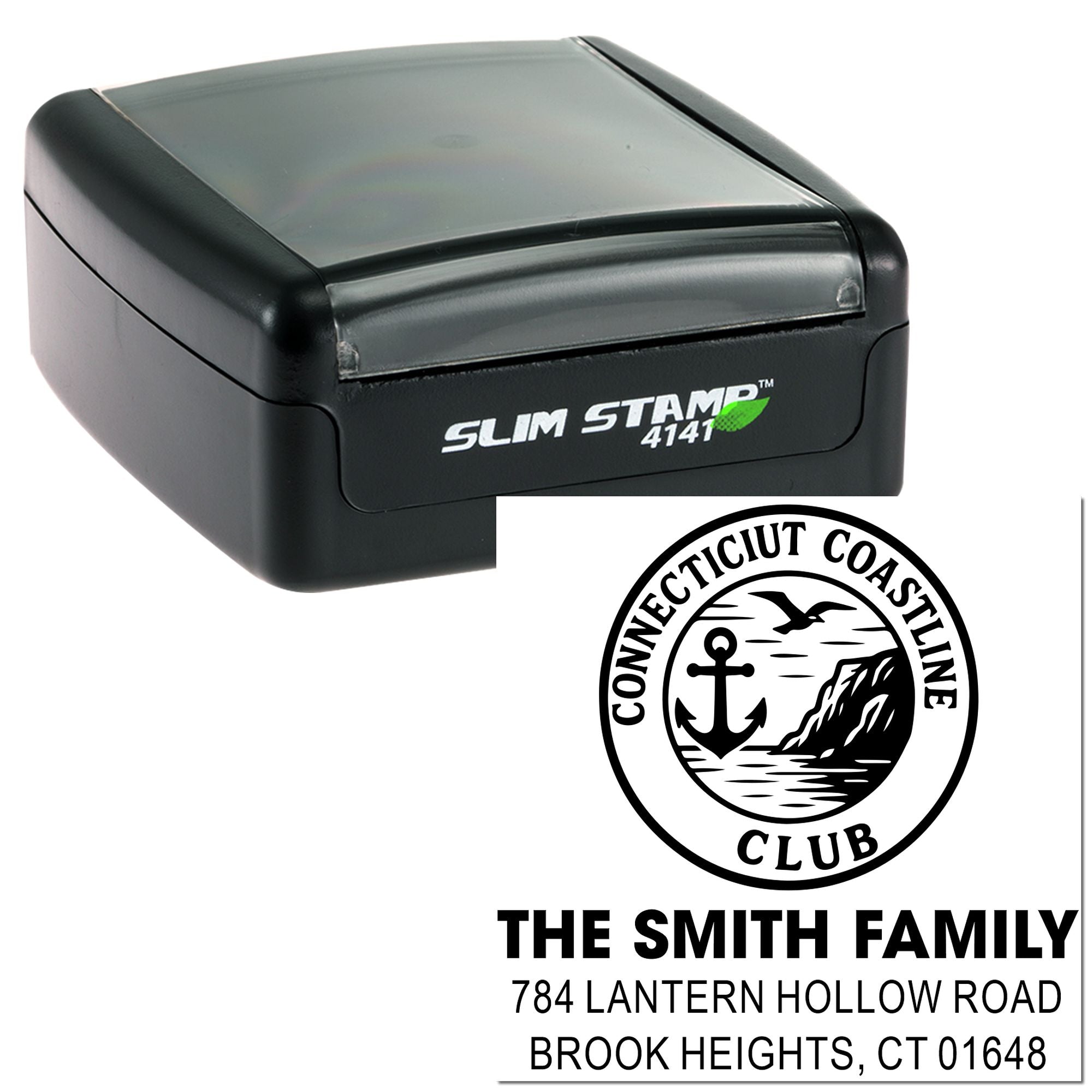 Custom self-inking rubber stamp with logo and return address for The Smith Family, Connecticut Coastal Club.