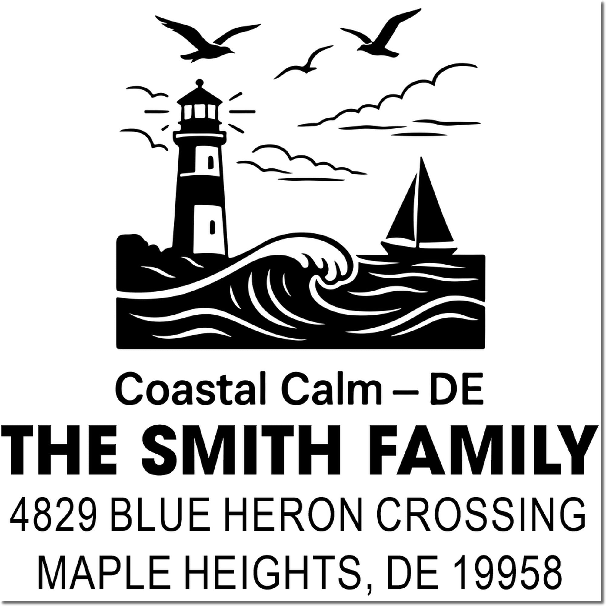 Personalized coastal return address rubber stamp with lighthouse, sailboat and The Smith Family, Maple Heights, DE 19958.