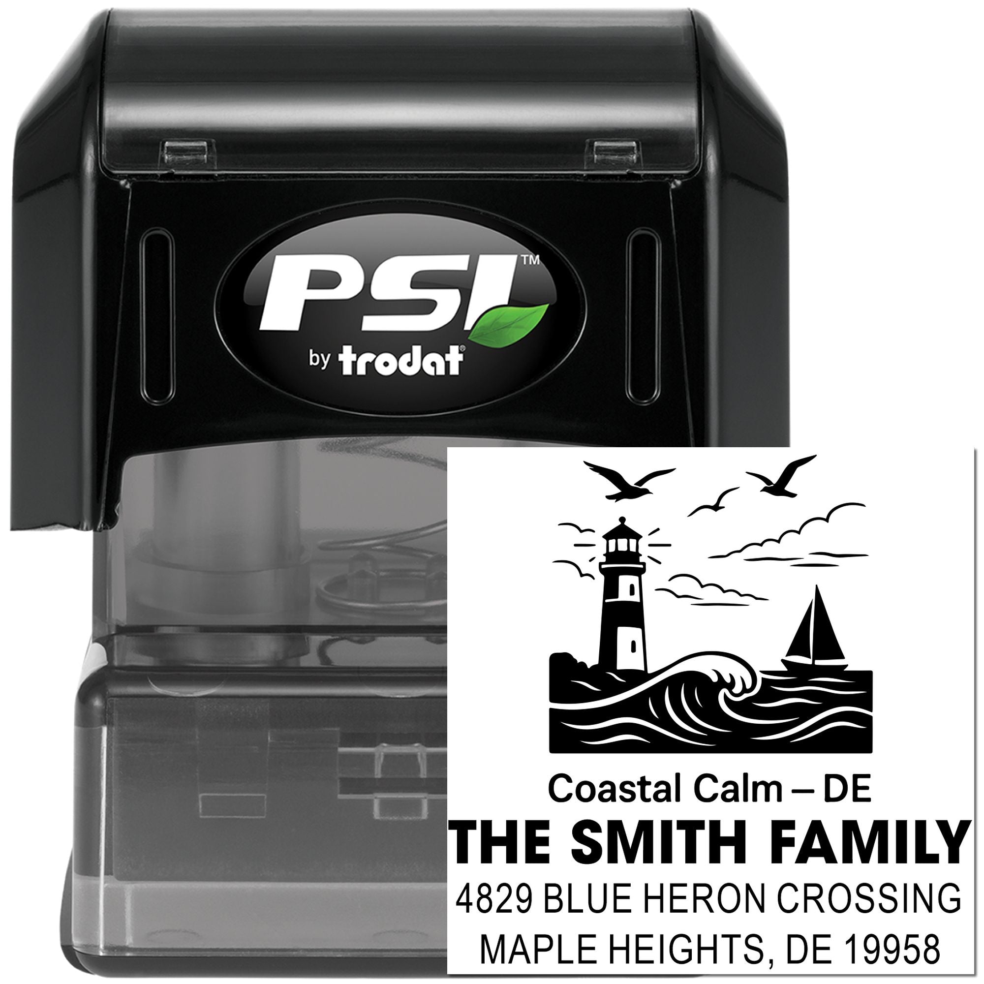 Custom coastal address rubber stamp with lighthouse design, shown on PSI by Trodat self-inking stamp for The Smith Family, Maple Heights, DE