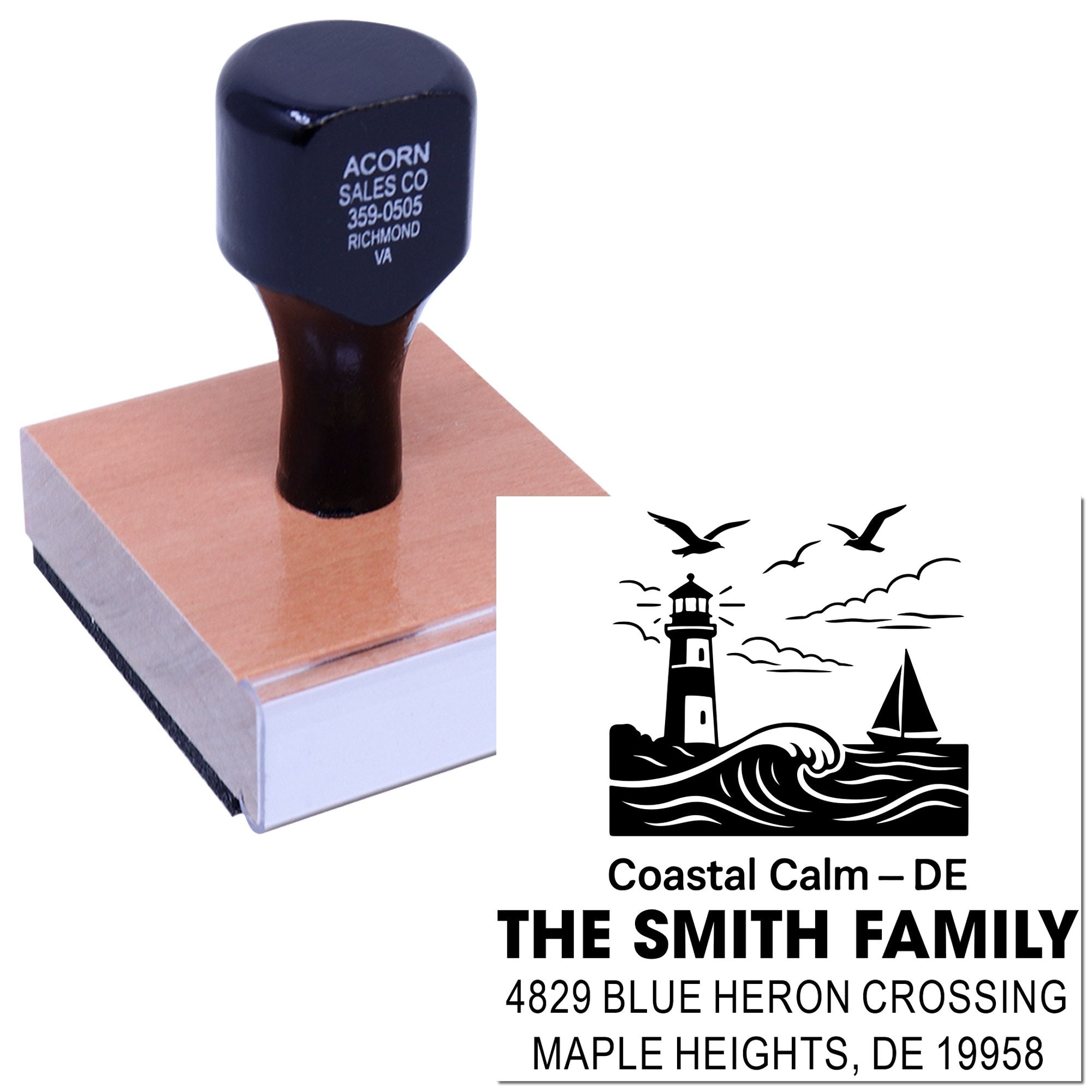 Custom rubber address stamp with lighthouse coastal design for family mailings, personalized stationery, and branding