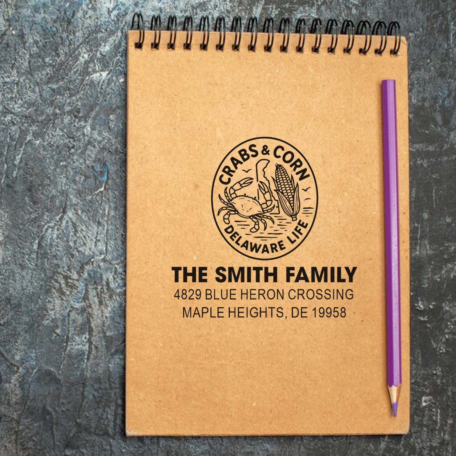 Custom personalized crab and corn return address rubber stamp for The Smith Family, Maple Heights, DE.