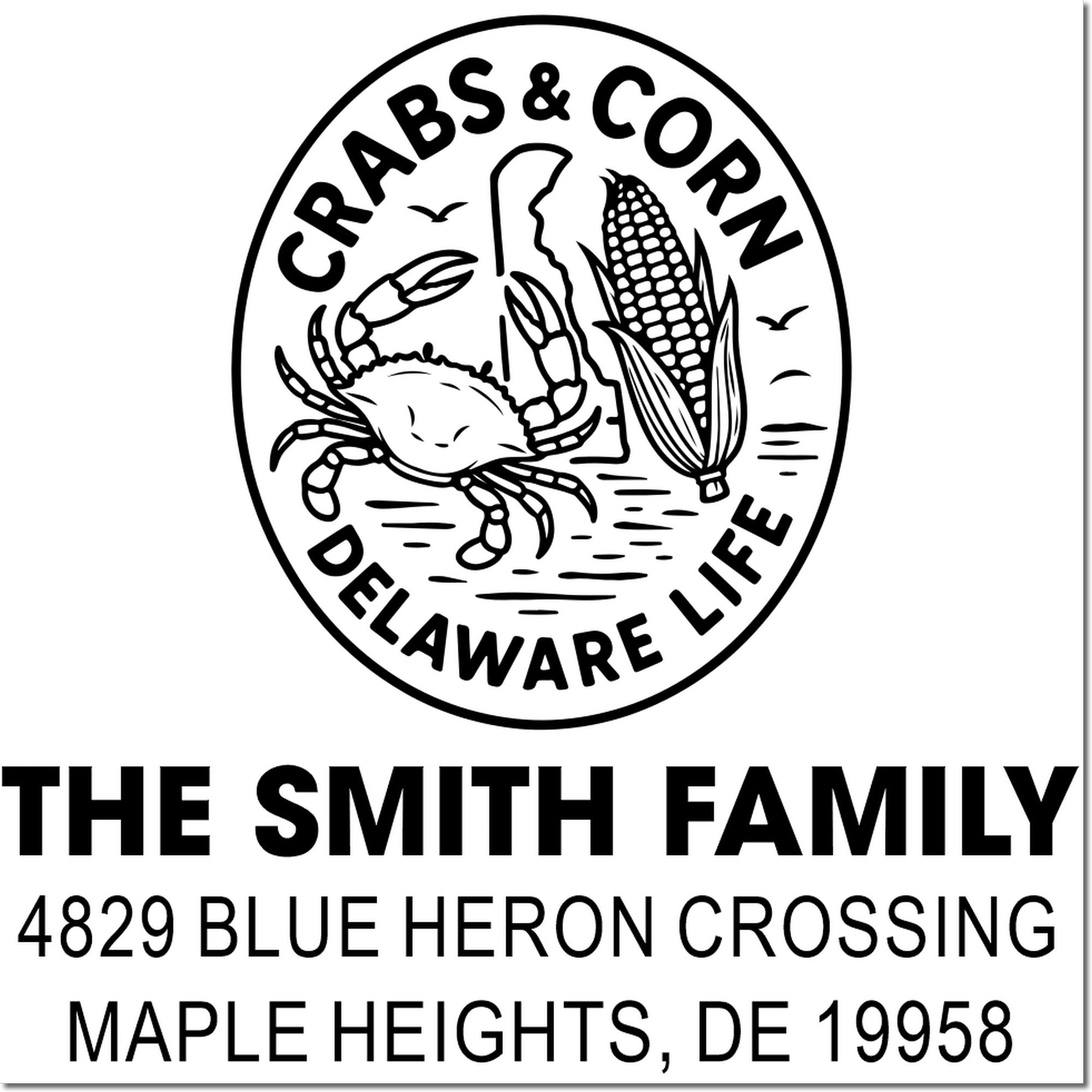 Custom Delaware crab and corn address rubber stamp for The Smith Family, Blue Heron Crossing, Maple Heights, DE 19958