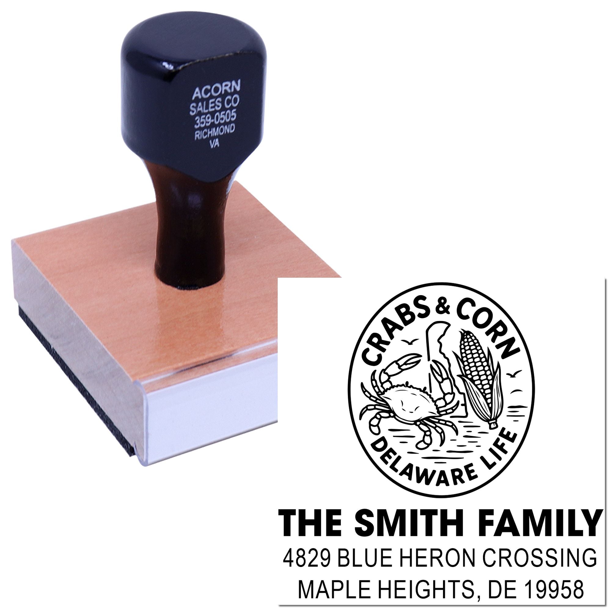 Custom rubber stamp with family address design and Delaware life seal for personalized mailing and return address use.