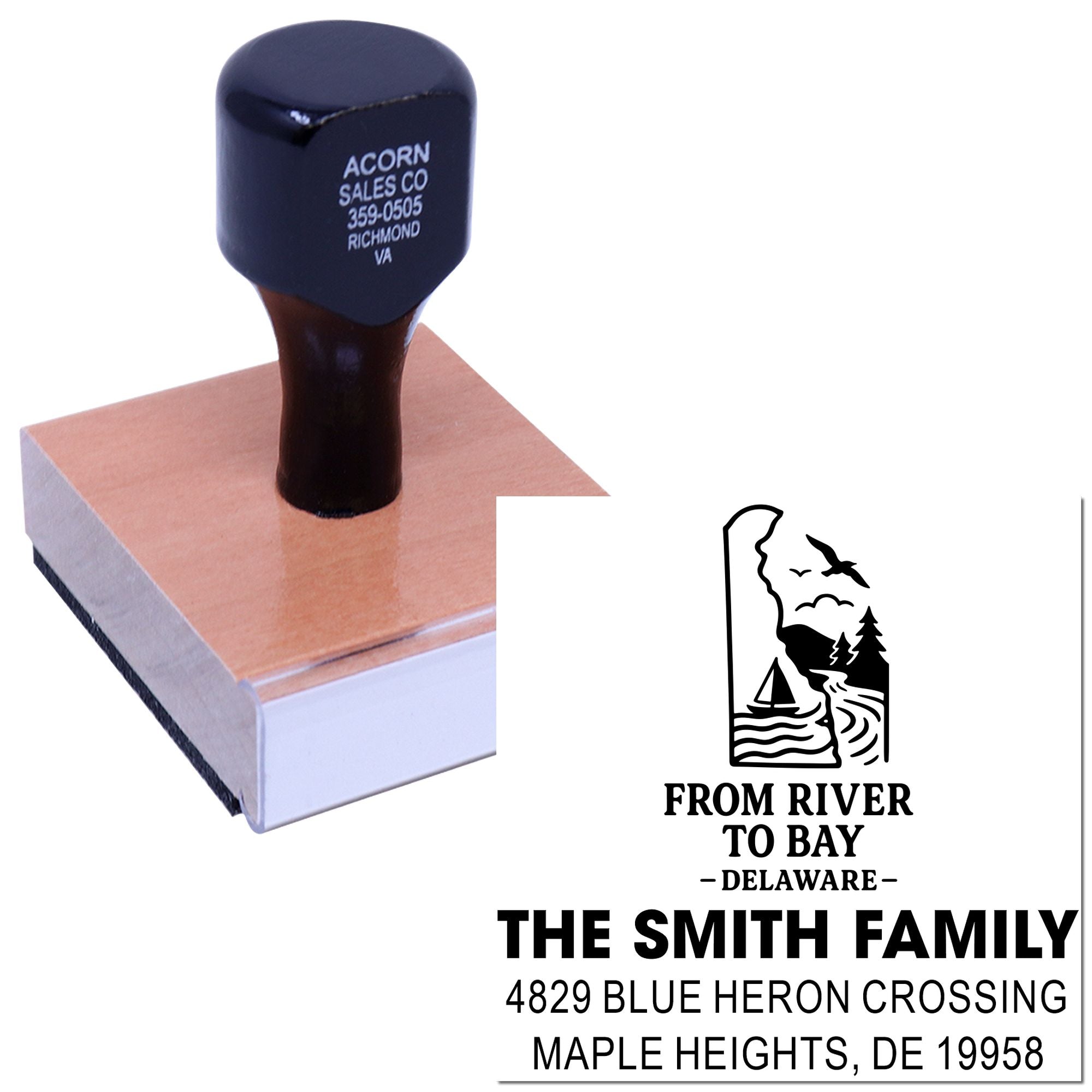 Custom wood handle rubber stamp with family name, Delaware address and scenic logo for personalized mailing and branding.