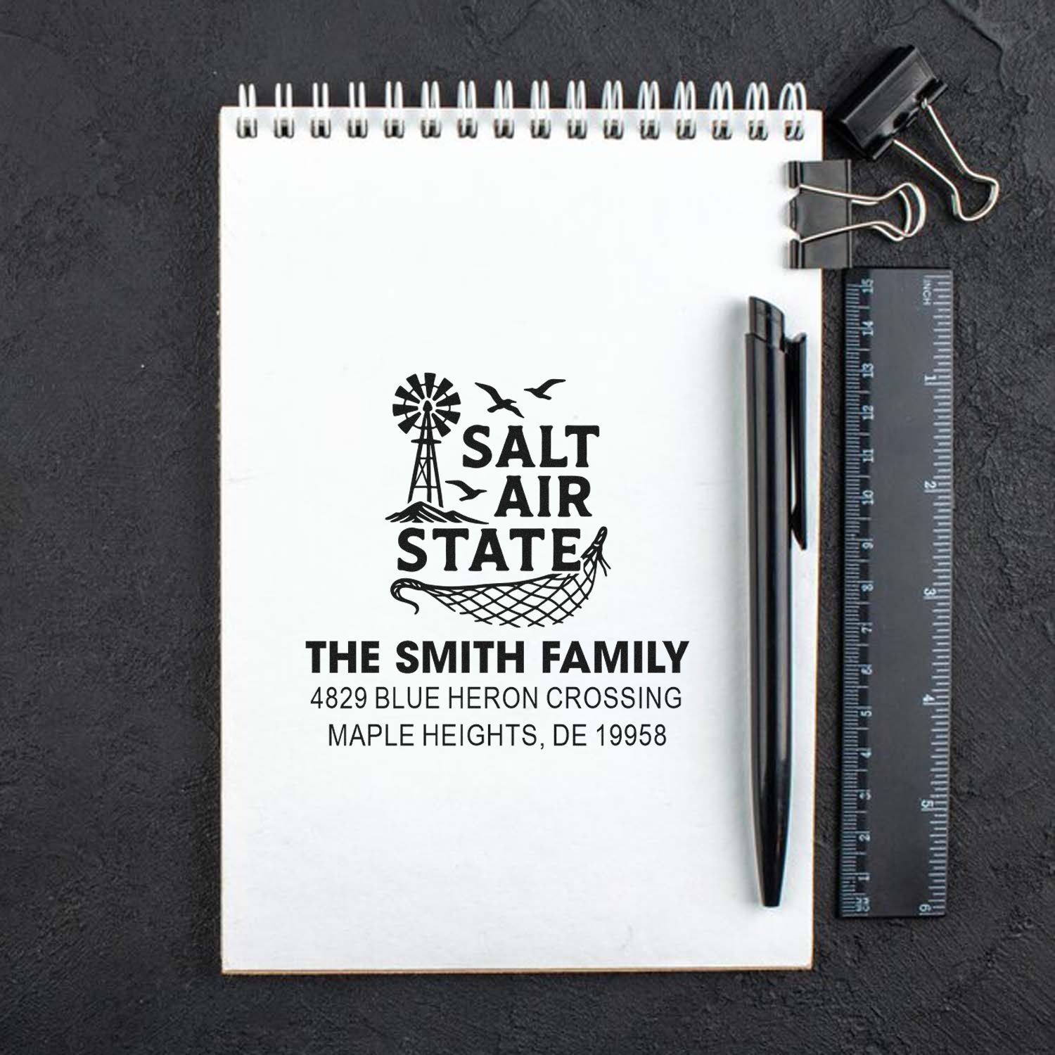 Custom rubber return address stamp with Salt Air State design for The Smith Family, Maple Heights, DE.