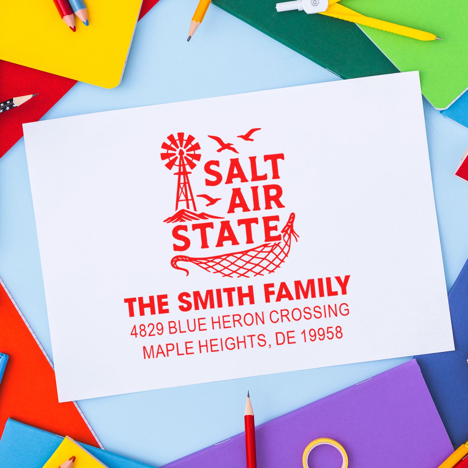 Custom return address rubber stamp for the Smith family, with Salt Air State design and Maple Heights, DE address.