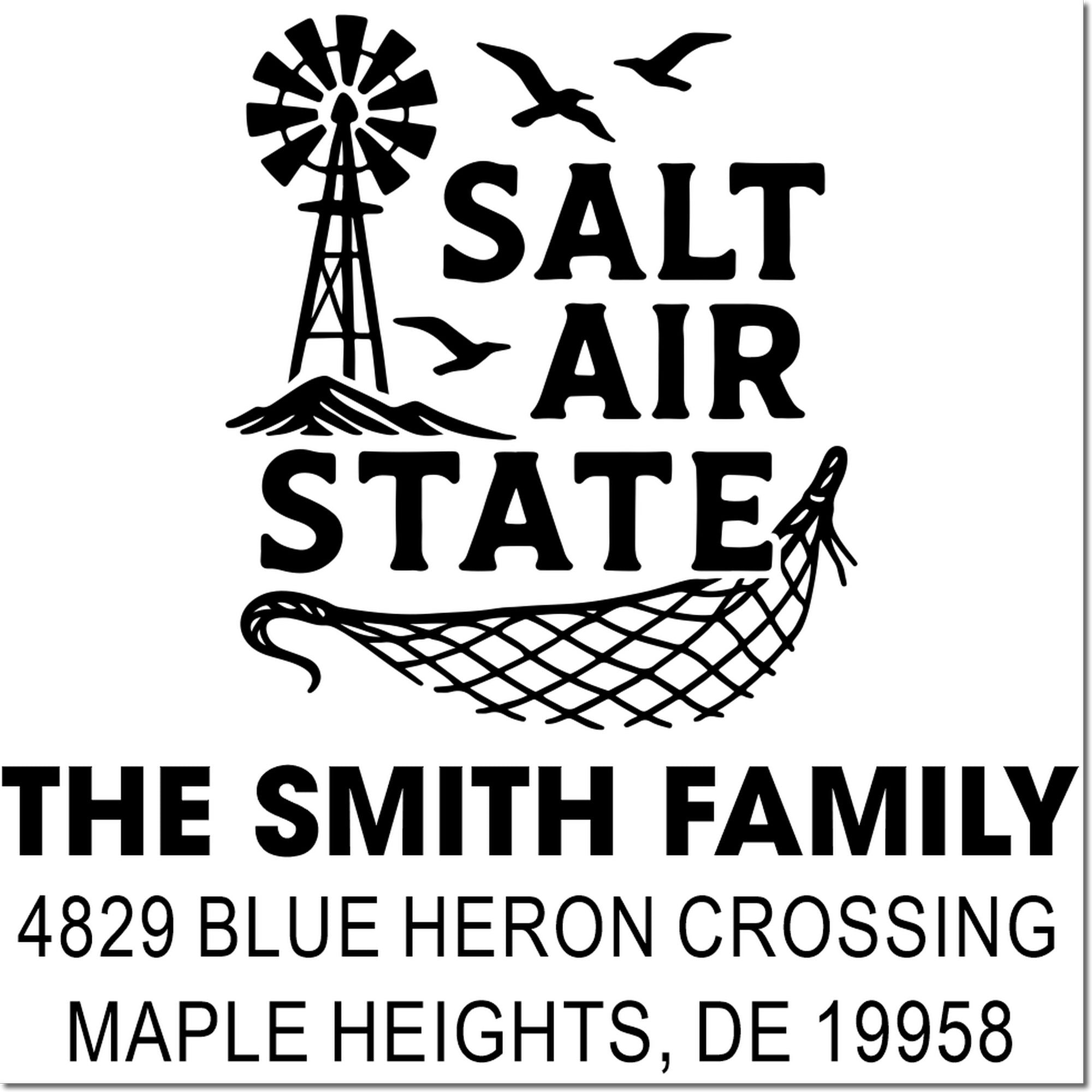 Personalized rubber stamp design for The Smith Family, Salt Air State, featuring windmill, birds, hammock, and address.