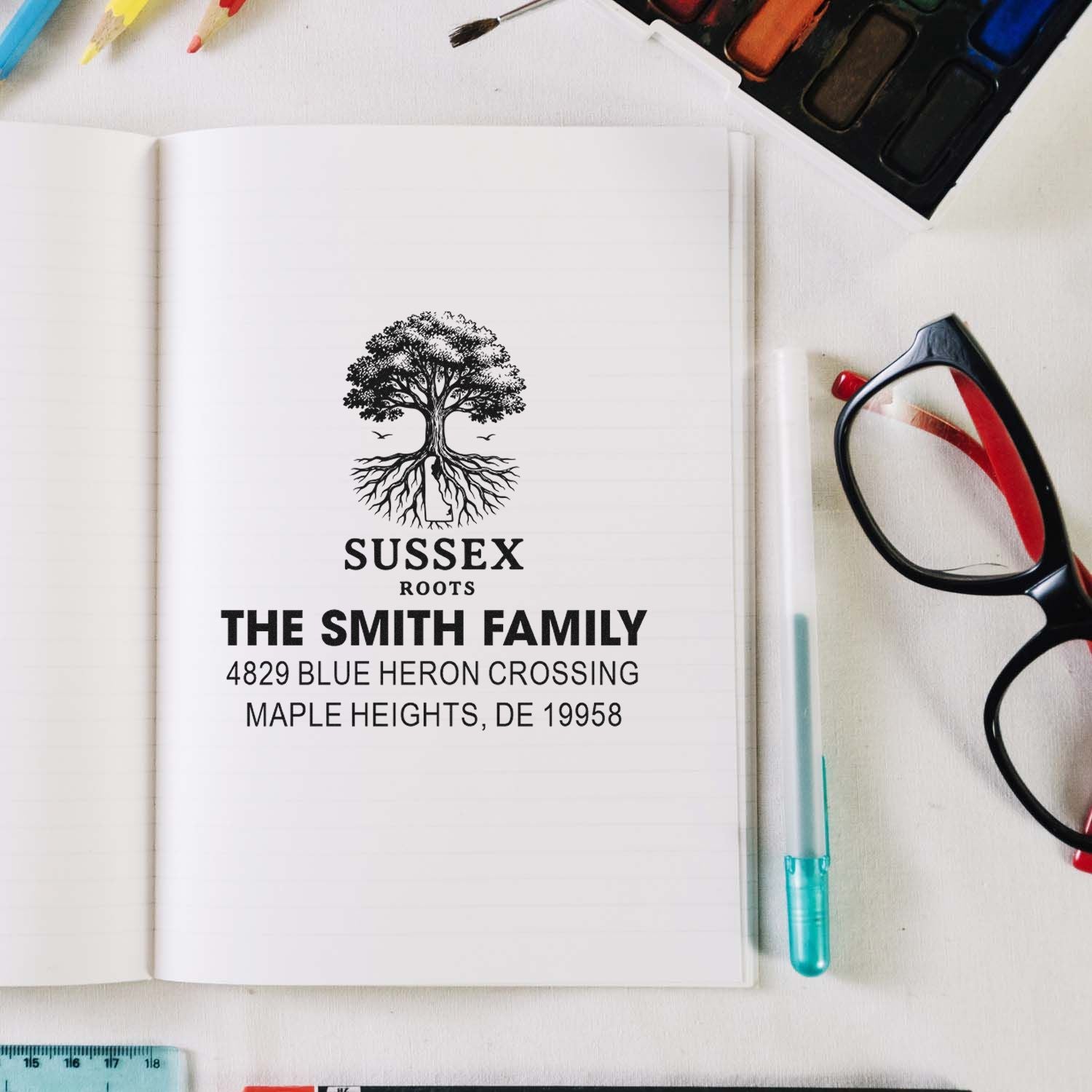 Custom family rubber stamp with tree logo and return address imprint for The Smith Family, Maple Heights, DE.