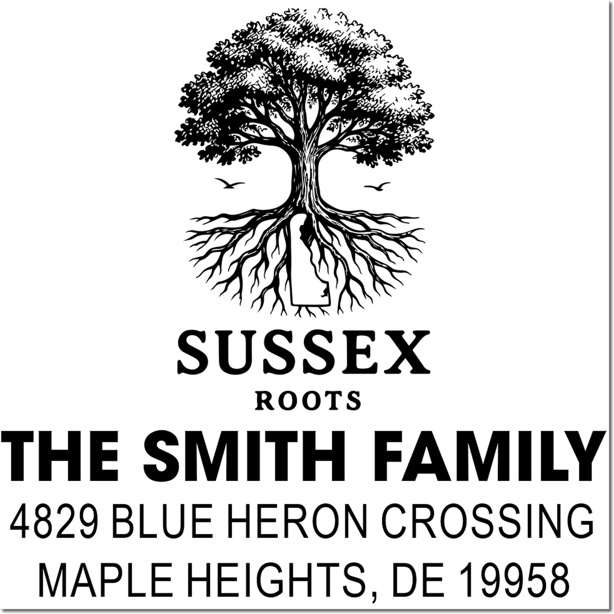 Personalized return address rubber stamp with tree roots design for The Smith Family, Sussex Roots, Maple Heights, DE 19958.