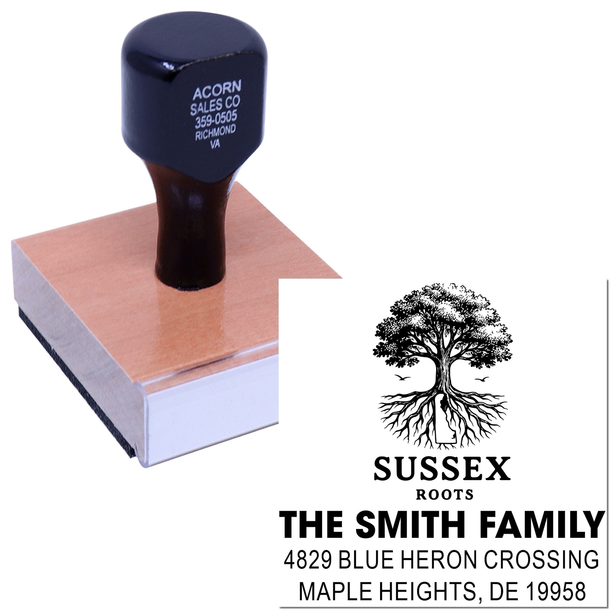 Custom rubber address stamp with family tree logo for The Smith Family, Maple Heights, DE return address.