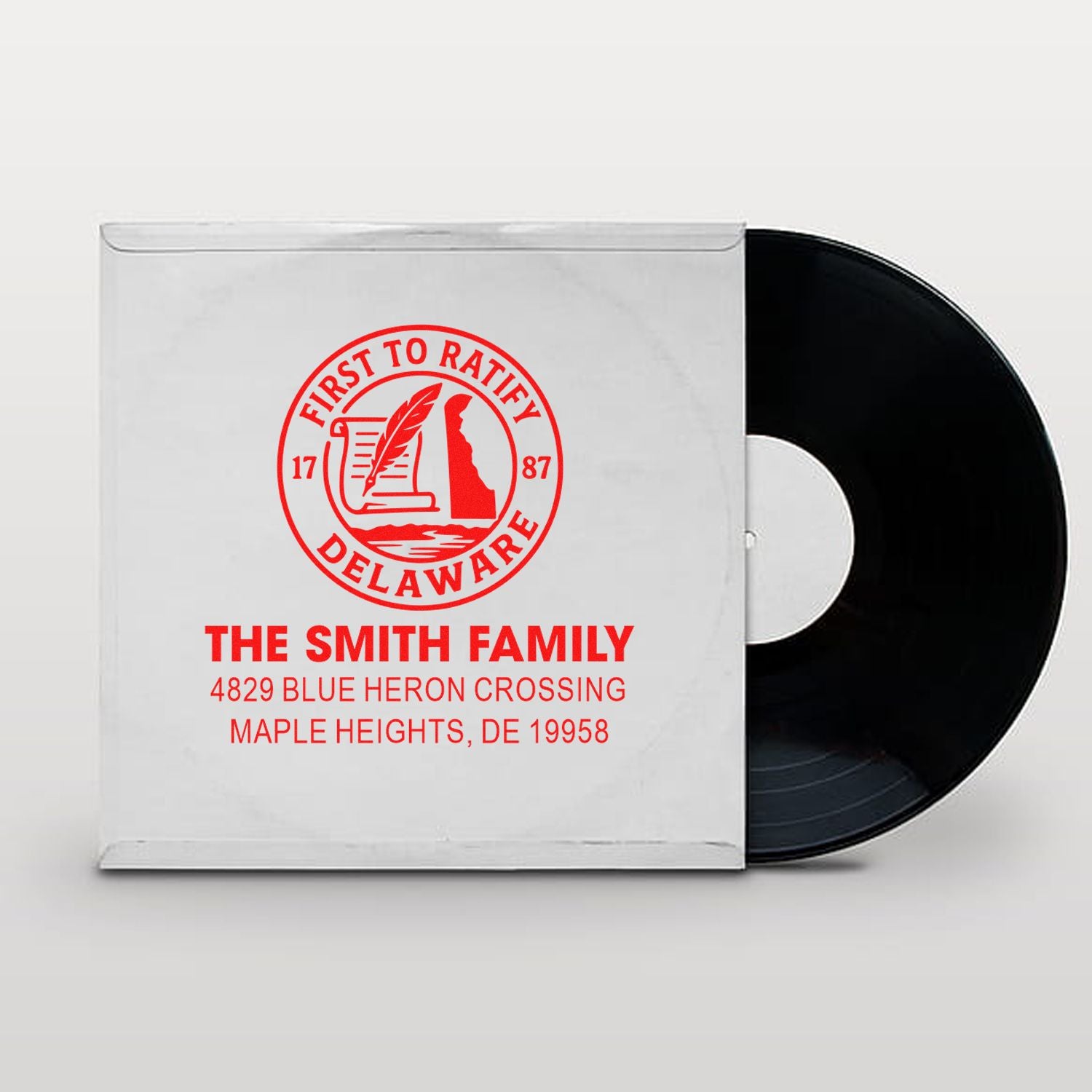 Custom family rubber stamp return address with Delaware seal logo, The Smith Family, Maple Heights, DE.