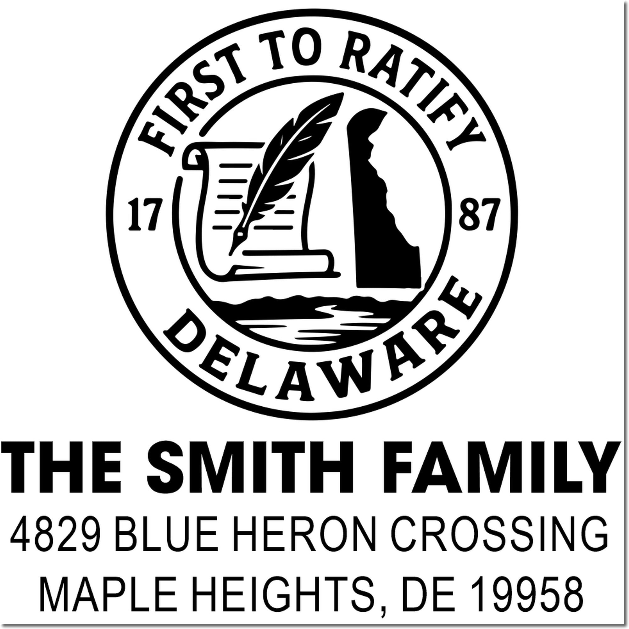Custom Delaware family address rubber stamp with The Smith Family, 4829 Blue Heron Crossing, Maple Heights, DE 19958
