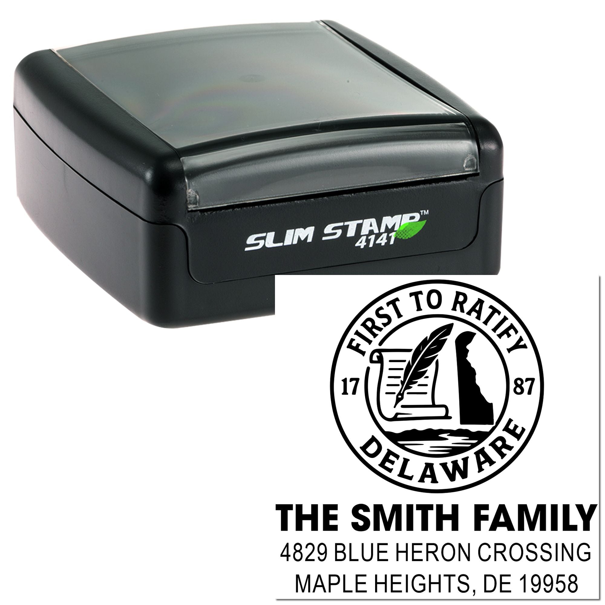 Custom self-inking rubber stamp for The Smith Family, featuring a First to Ratify Delaware seal and mailing address.