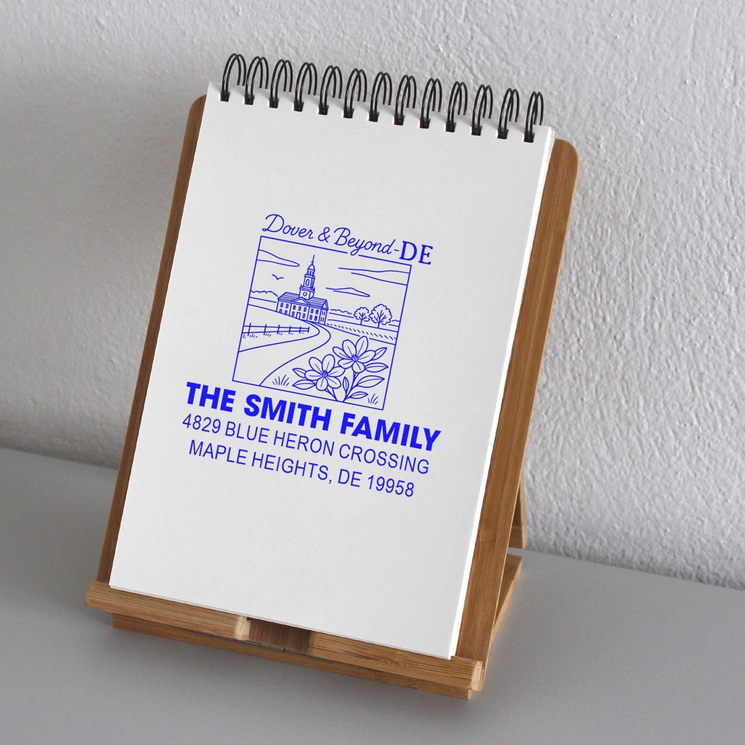 Custom address rubber stamp proof for The Smith Family, Dover & Beyond-DE, Maple Heights, DE 19958.