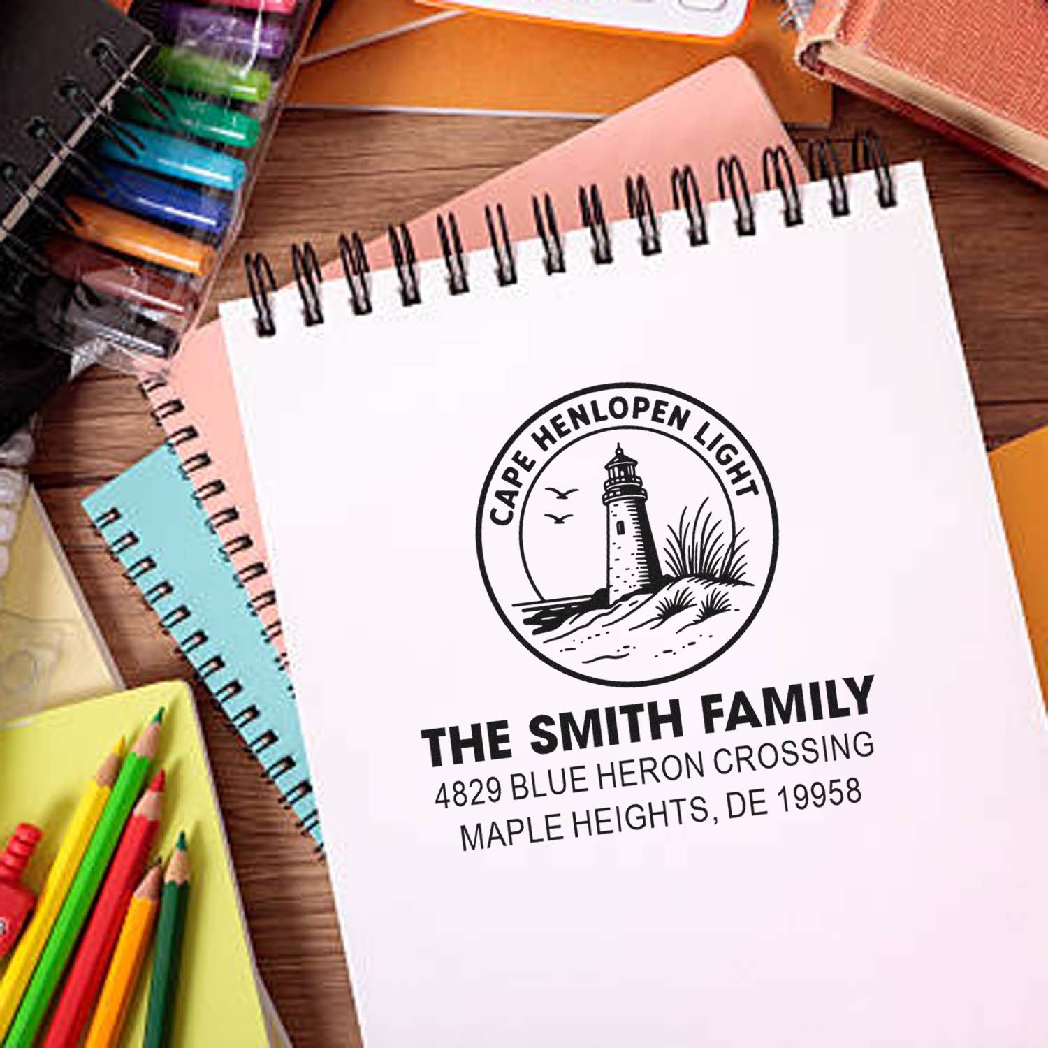 Custom address rubber stamp with Cape Henlopen lighthouse design, featuring The Smith Family name and mailing address.