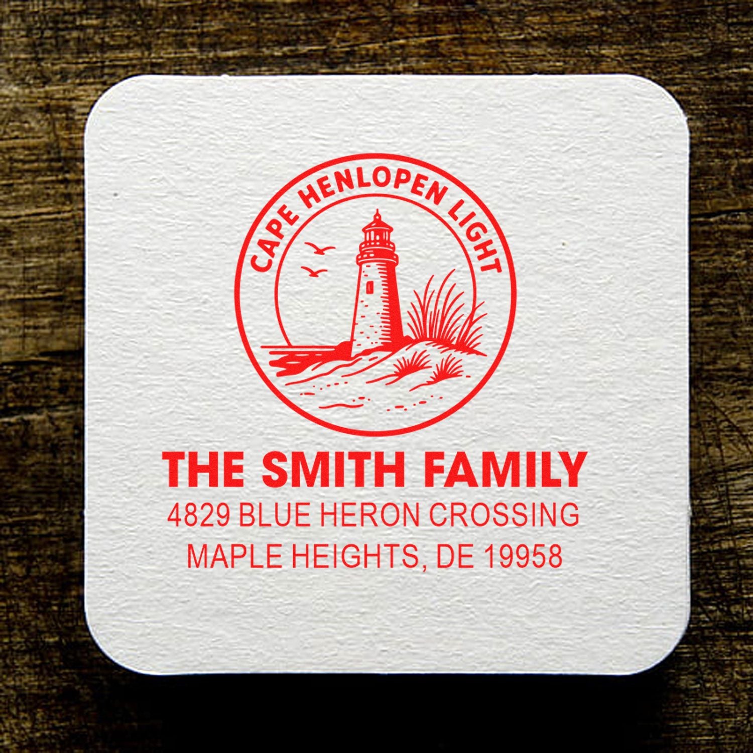 Custom Cape Henlopen lighthouse return address rubber stamp for The Smith Family, featuring a personalized coastal address design.